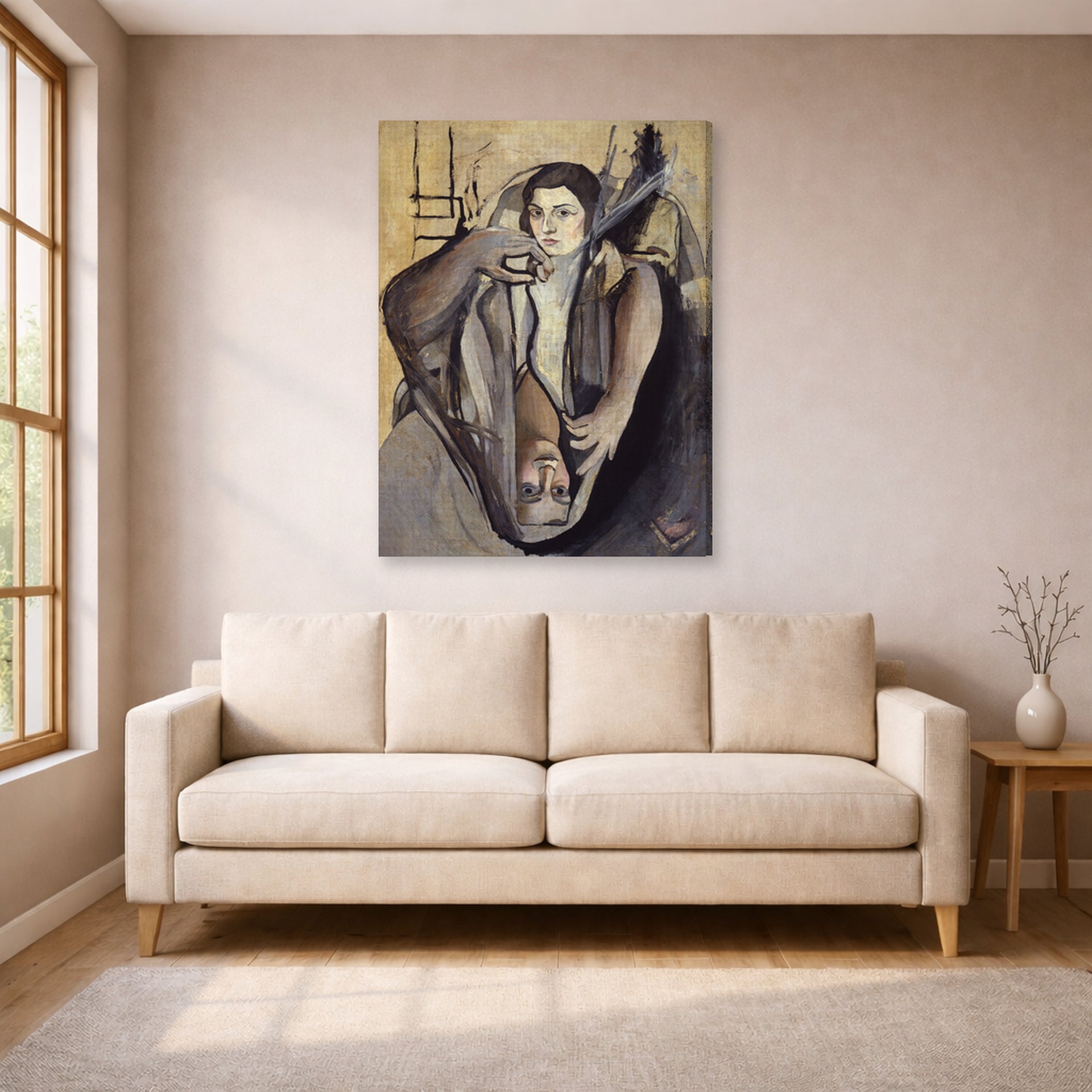 Gallery-wrapped canvas print of Salvador Dali's Portrait of My Sister displayed on a wall in a living room