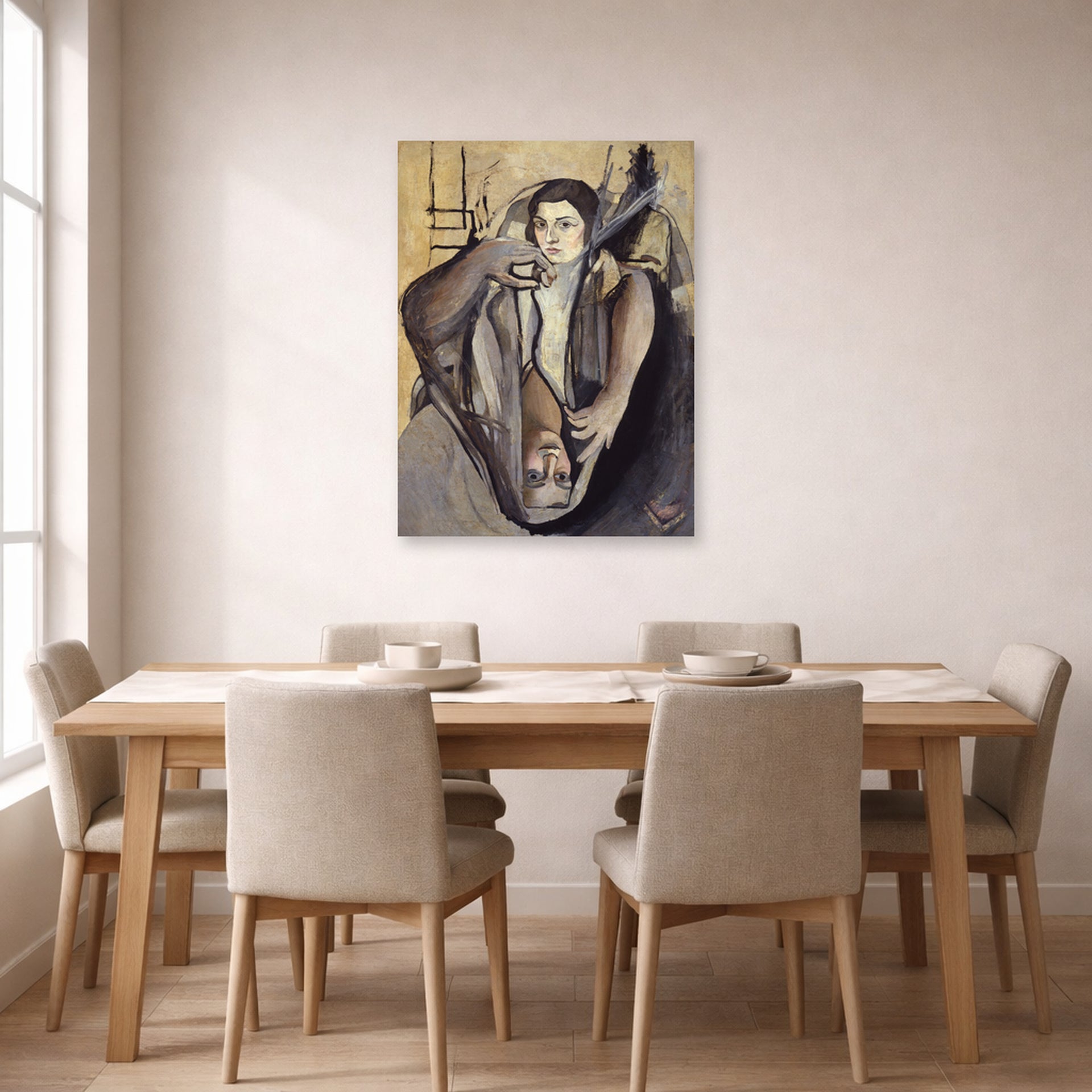 Unframed poster print of Salvador Dali's Portrait of My Sister displayed on a wall in a dining room