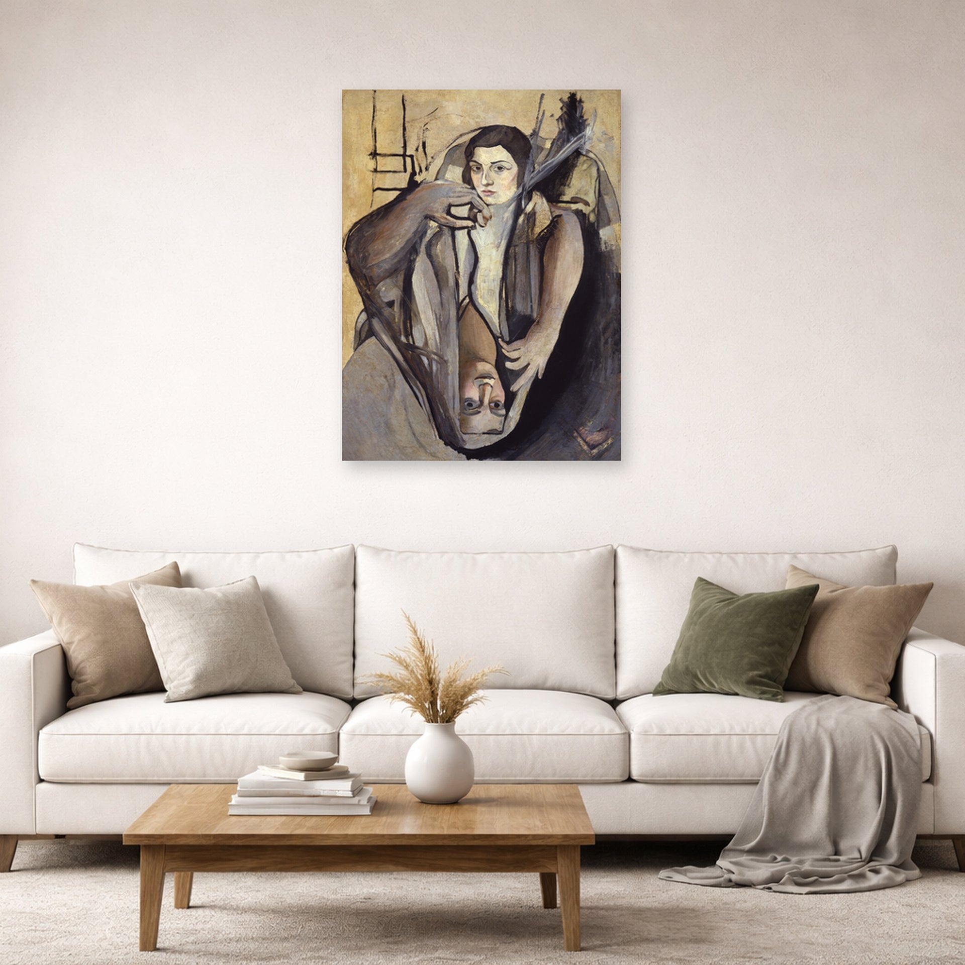 Unframed poster print of Salvador Dali's Portrait of My Sister displayed on a wall in a living room