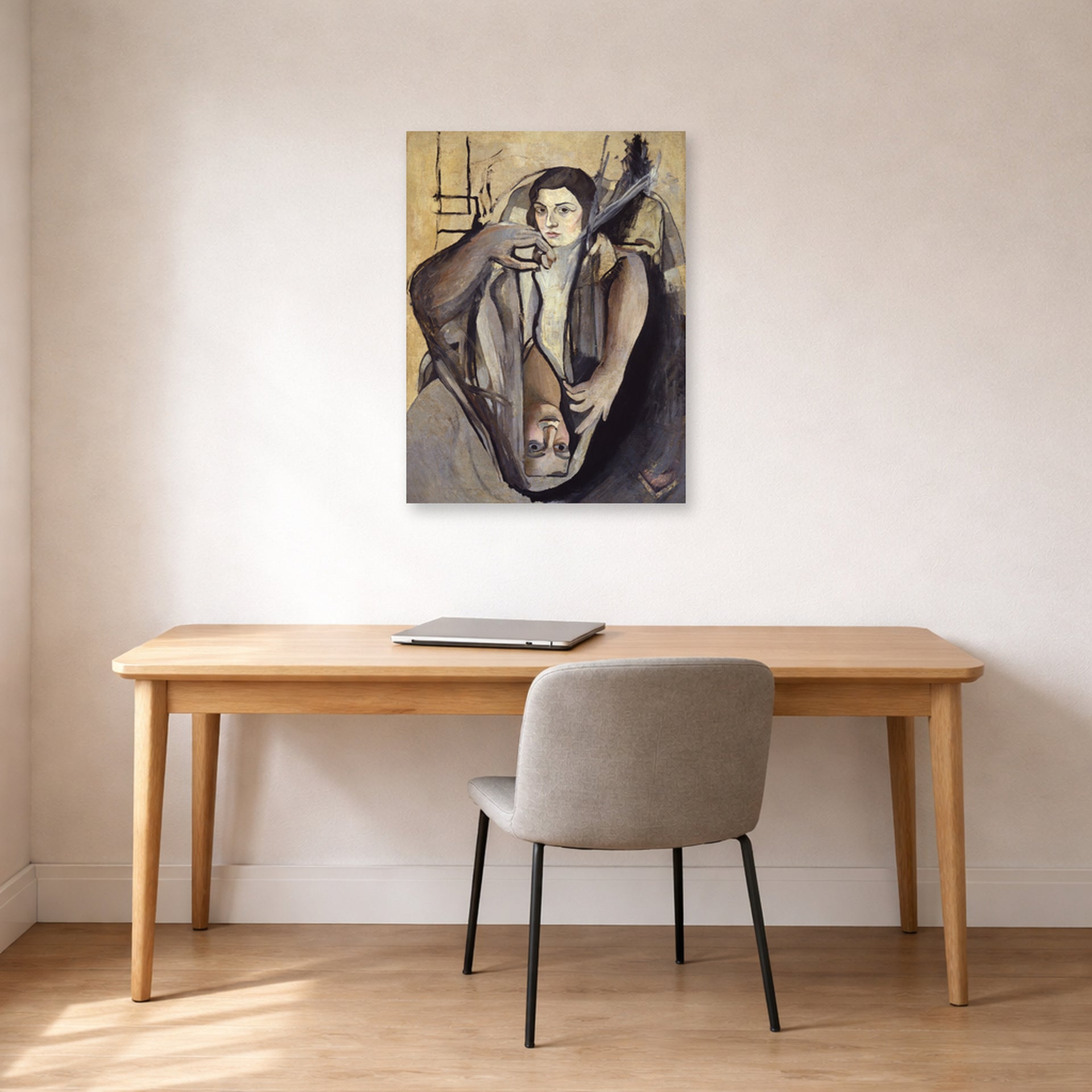 Unframed poster print of Salvador Dali's Portrait of My Sister displayed on a wall in a office