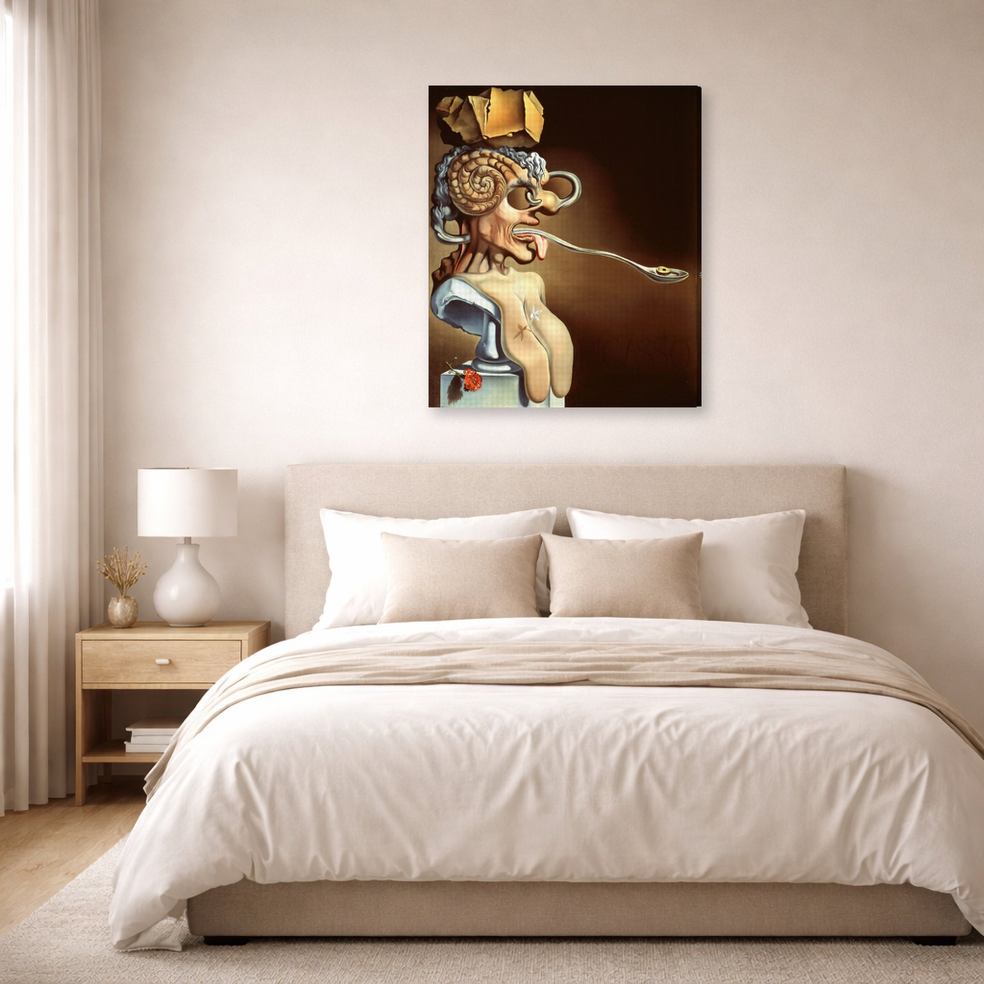 Gallery-wrapped canvas print of Salvador Dali's Portrait of Picasso displayed on a wall in a bedroom