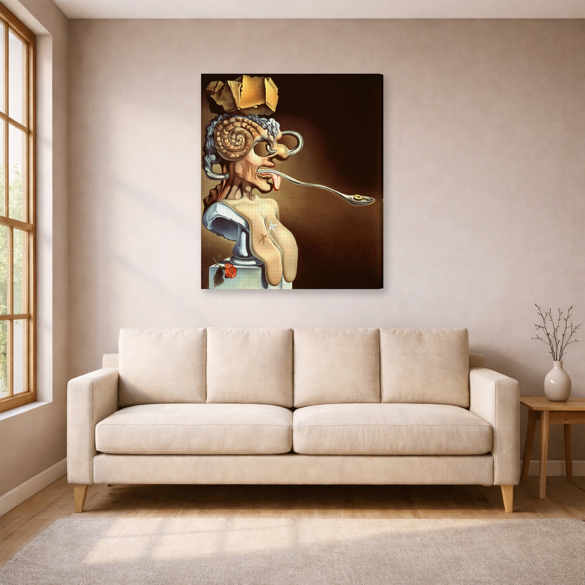 Gallery-wrapped canvas print of Salvador Dali's Portrait of Picasso displayed on a wall in a living room