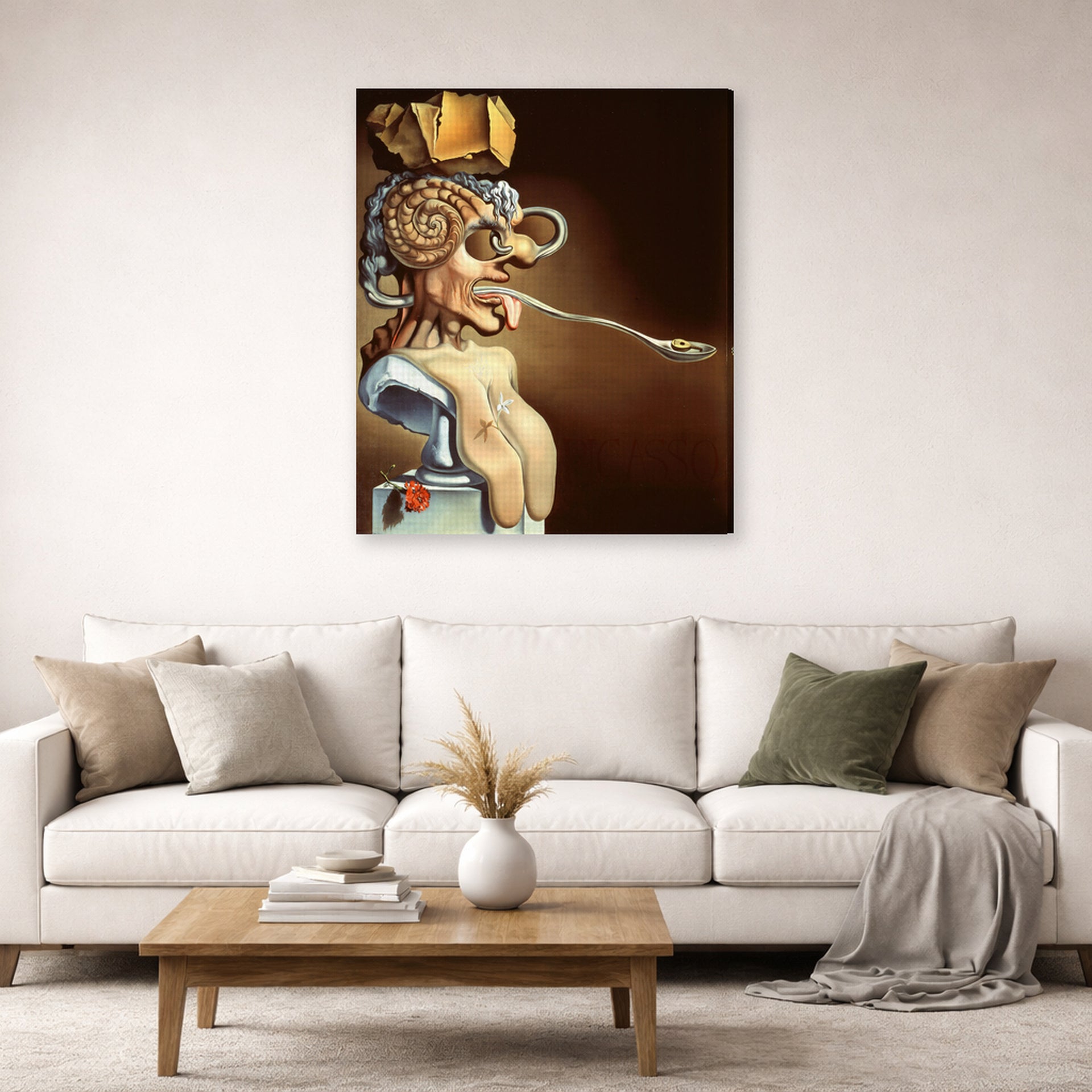 Gallery-wrapped canvas print of Salvador Dali's Portrait of Picasso displayed on a wall in a living room