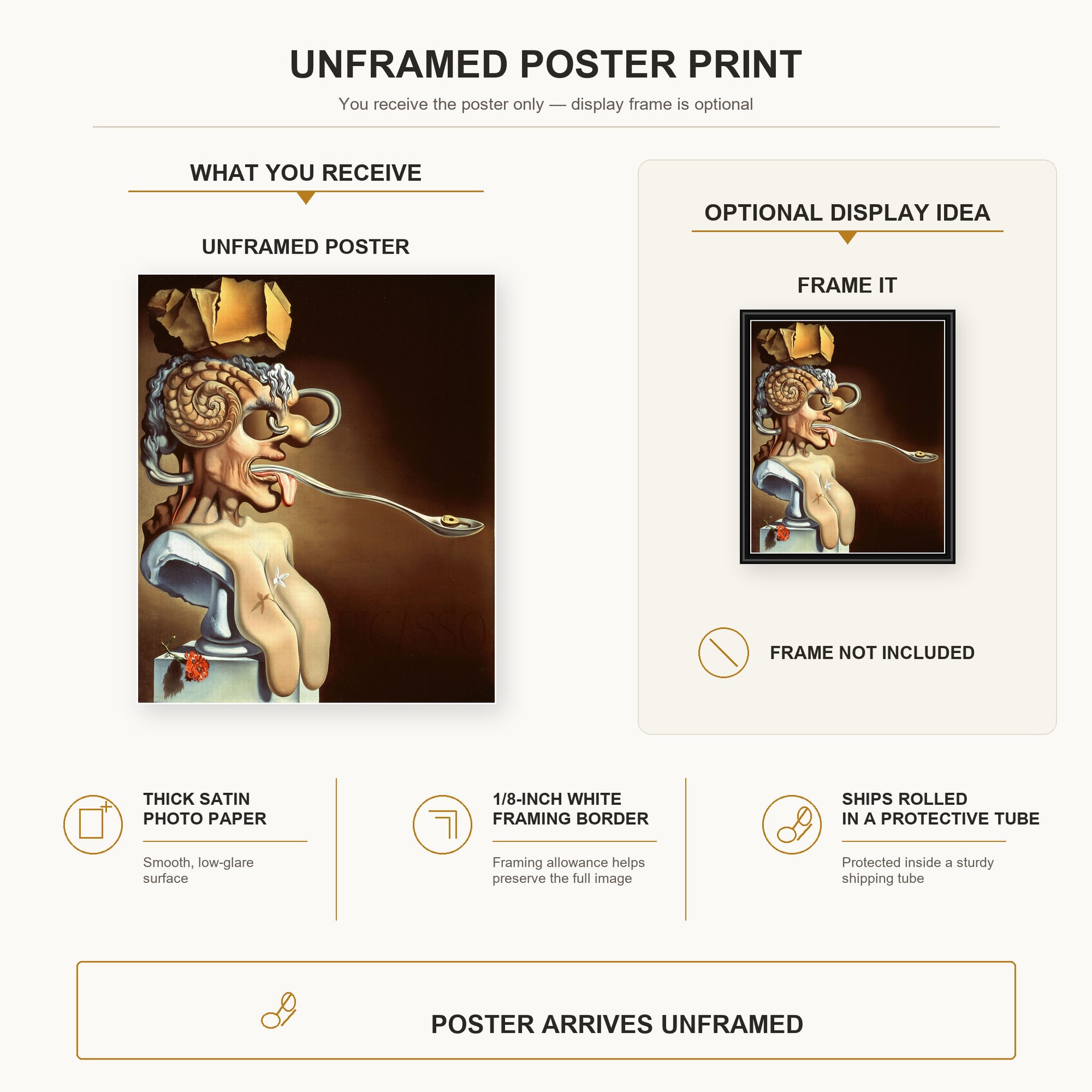Salvador Dali - Portrait of Picasso poster print size comparison and framing display infographic