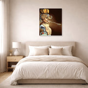 Unframed poster print of Salvador Dali's Portrait of Picasso displayed on a wall in a bedroom
