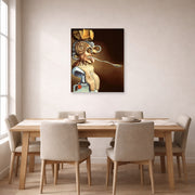 Unframed poster print of Salvador Dali's Portrait of Picasso displayed on a wall in a dining room