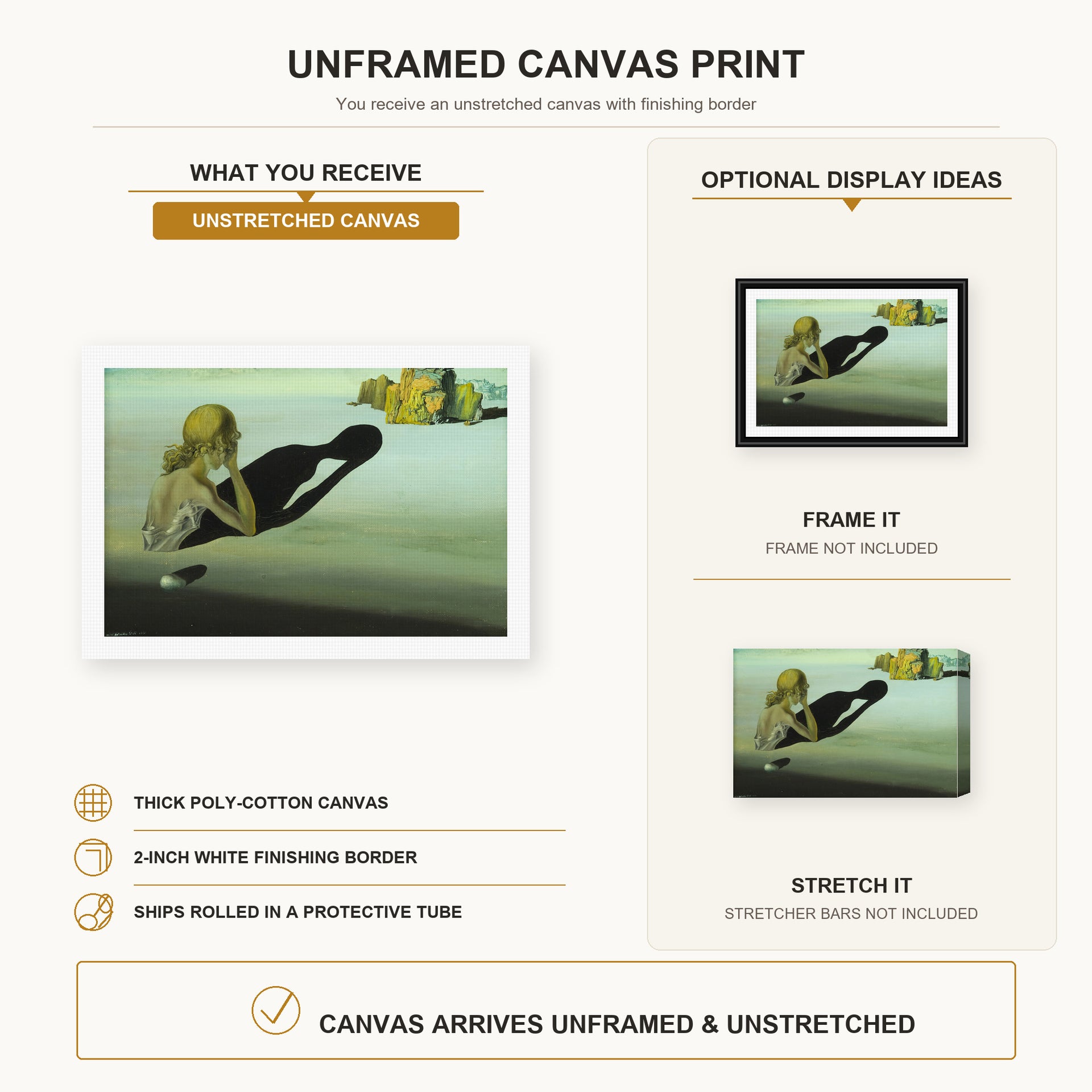 Salvador Dali - Remorse or Sphinx Embedded in the Sand canvas print size comparison and framing display infographic