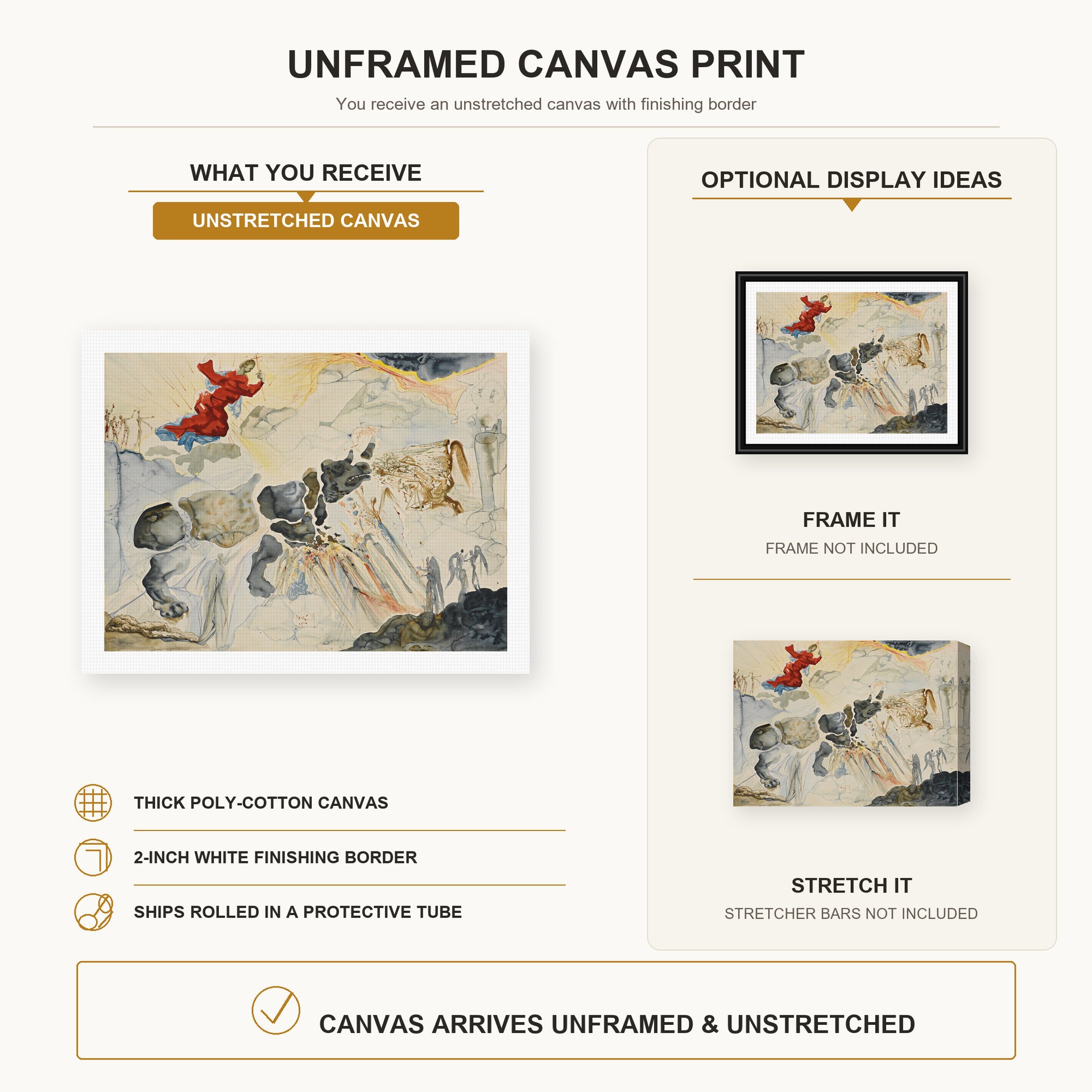 Salvador Dali - Rhinoceros En Desintegration canvas print size comparison and framing display infographic