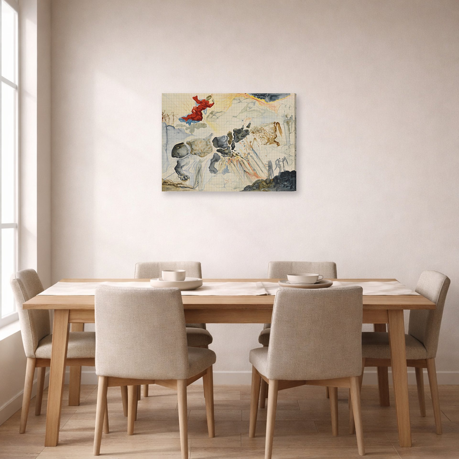 Gallery-wrapped canvas print of Salvador Dali's Rhinoceros En Desintegration displayed on a wall in a dining room