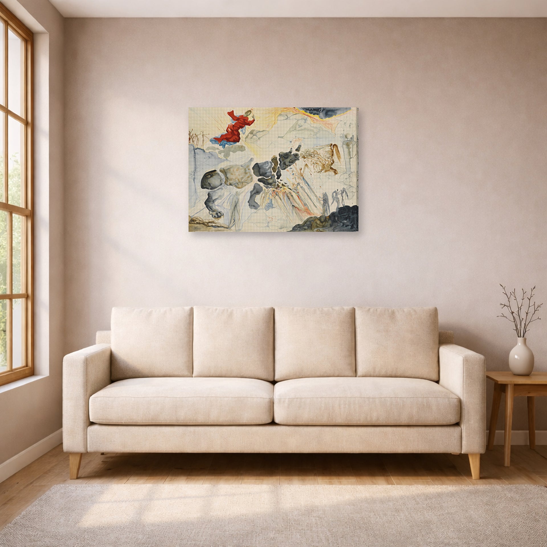 Gallery-wrapped canvas print of Salvador Dali's Rhinoceros En Desintegration displayed on a wall in a living room