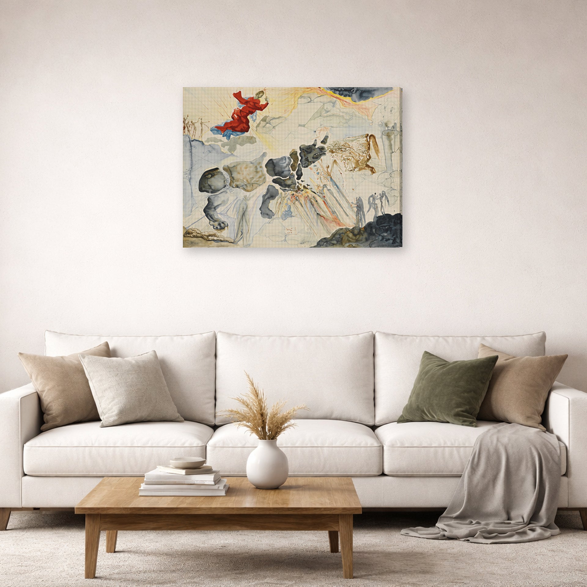Gallery-wrapped canvas print of Salvador Dali's Rhinoceros En Desintegration displayed on a wall in a living room