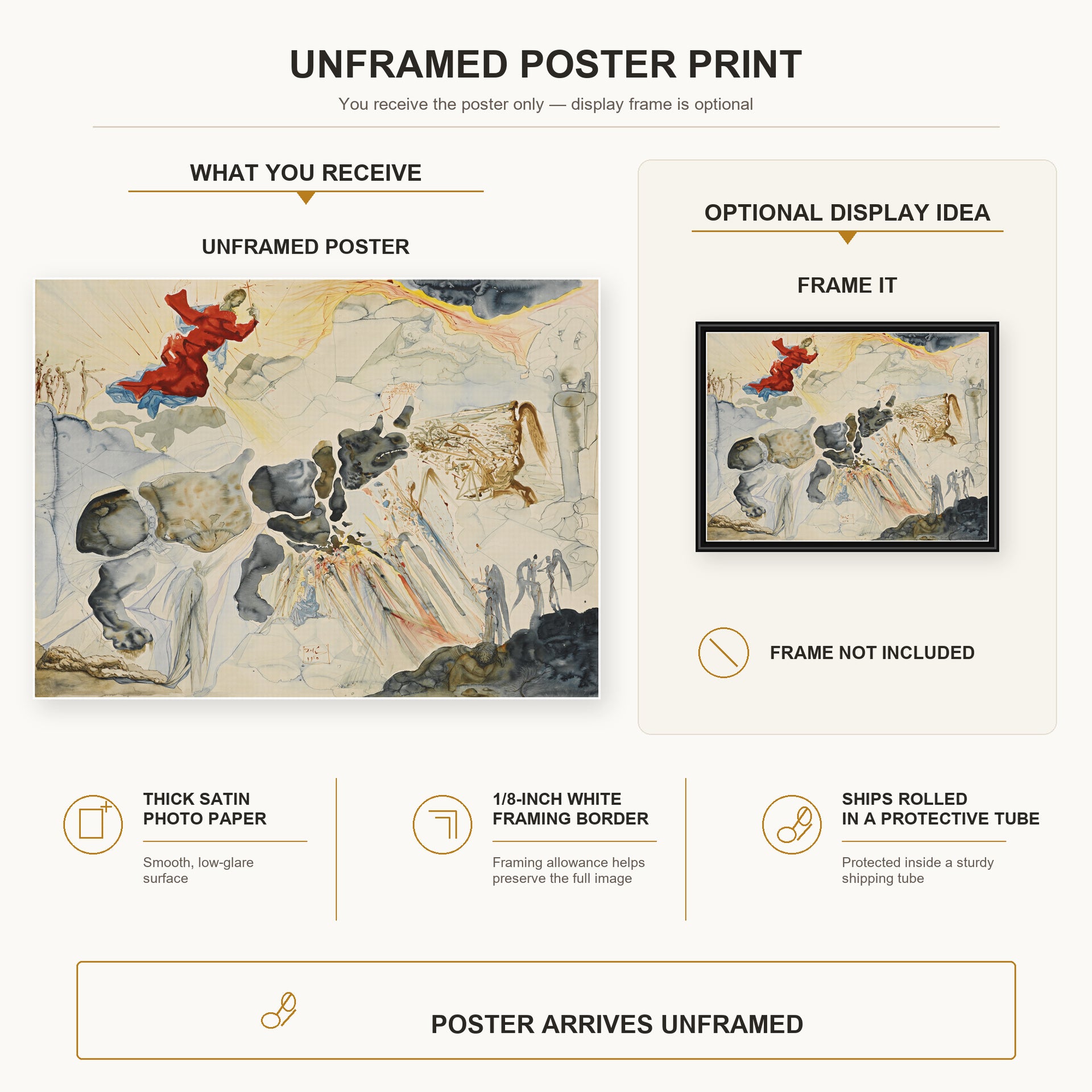 Salvador Dali - Rhinoceros En Desintegration poster print size comparison and framing display infographic