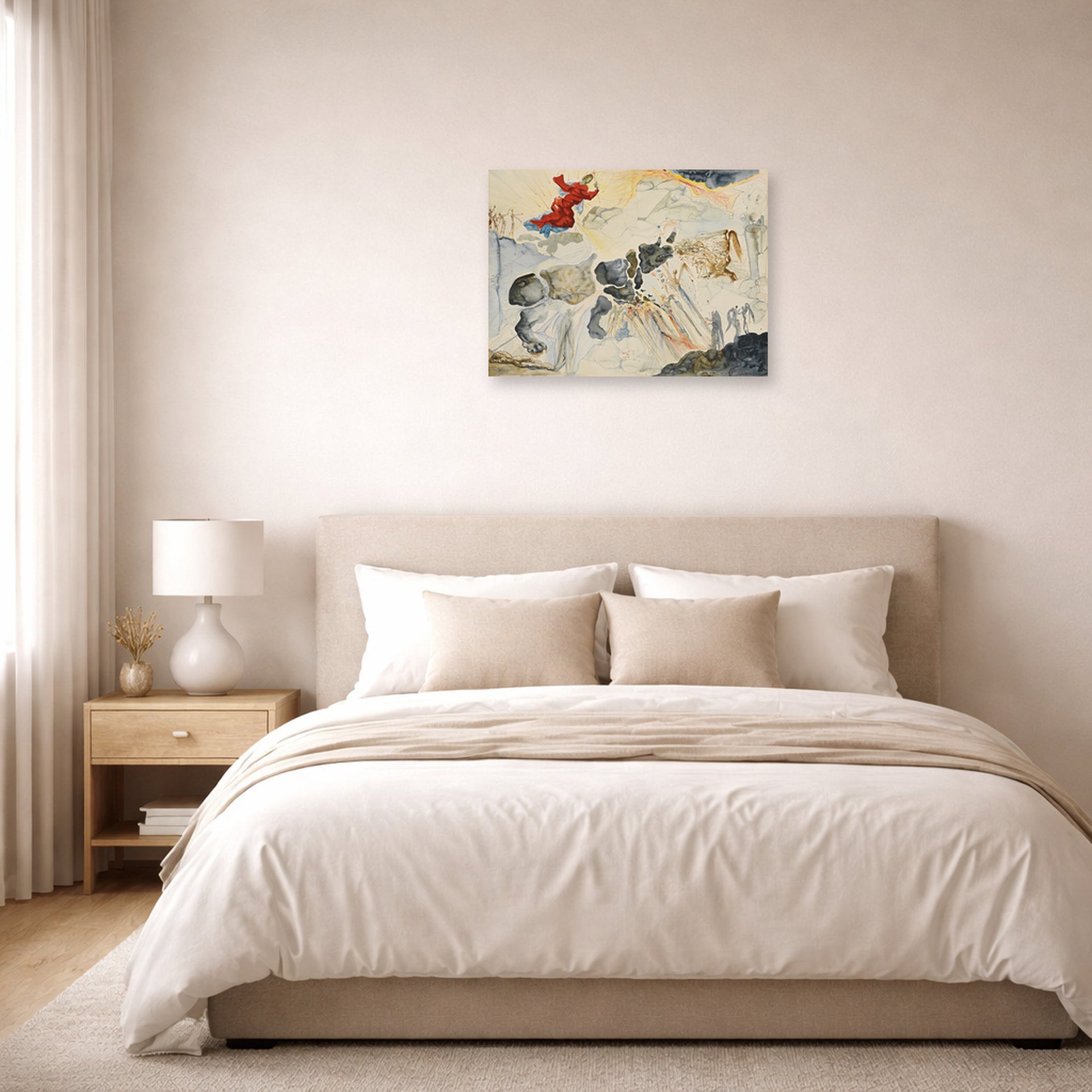 Unframed poster print of Salvador Dali's Rhinoceros En Desintegration displayed on a wall in a bedroom