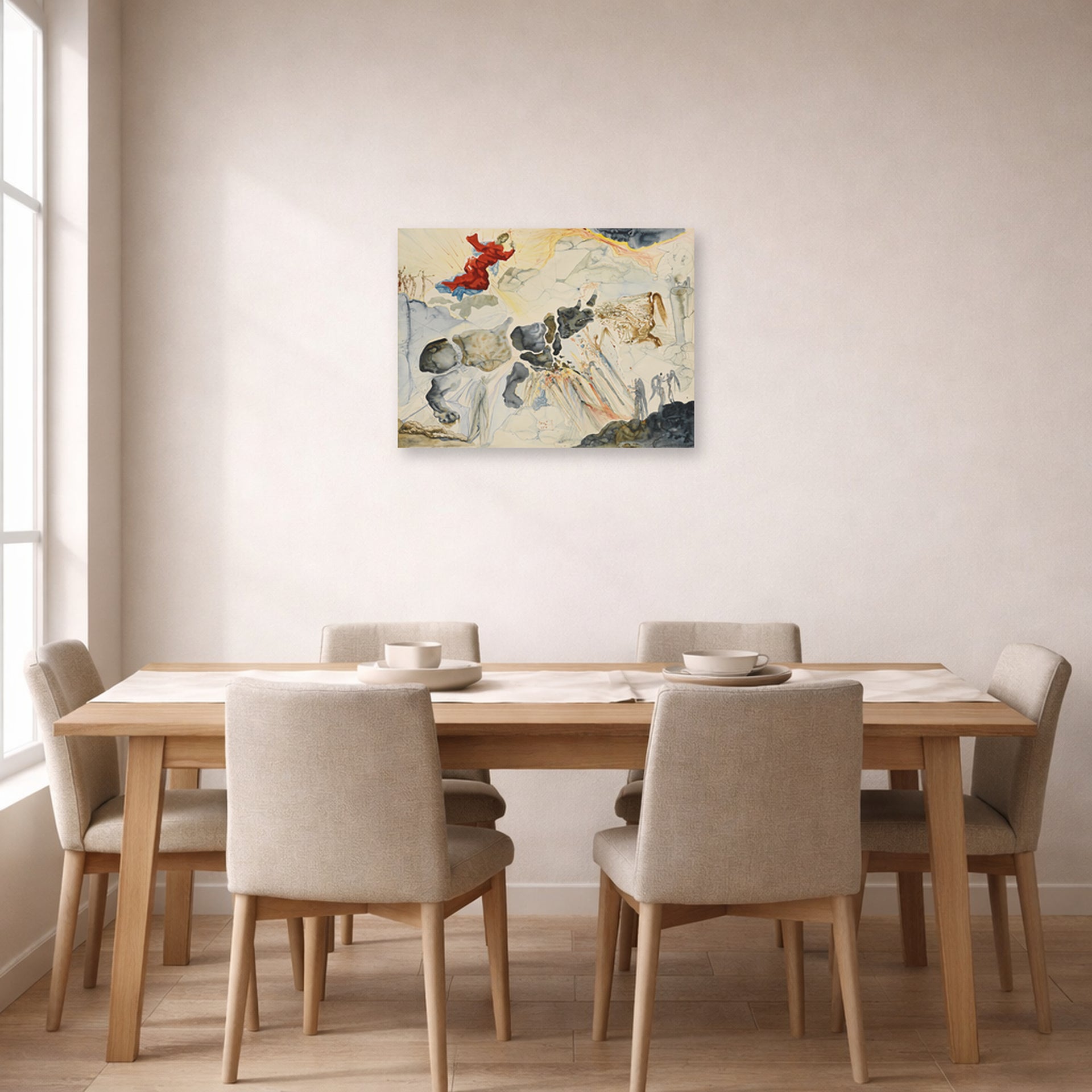 Unframed poster print of Salvador Dali's Rhinoceros En Desintegration displayed on a wall in a dining room