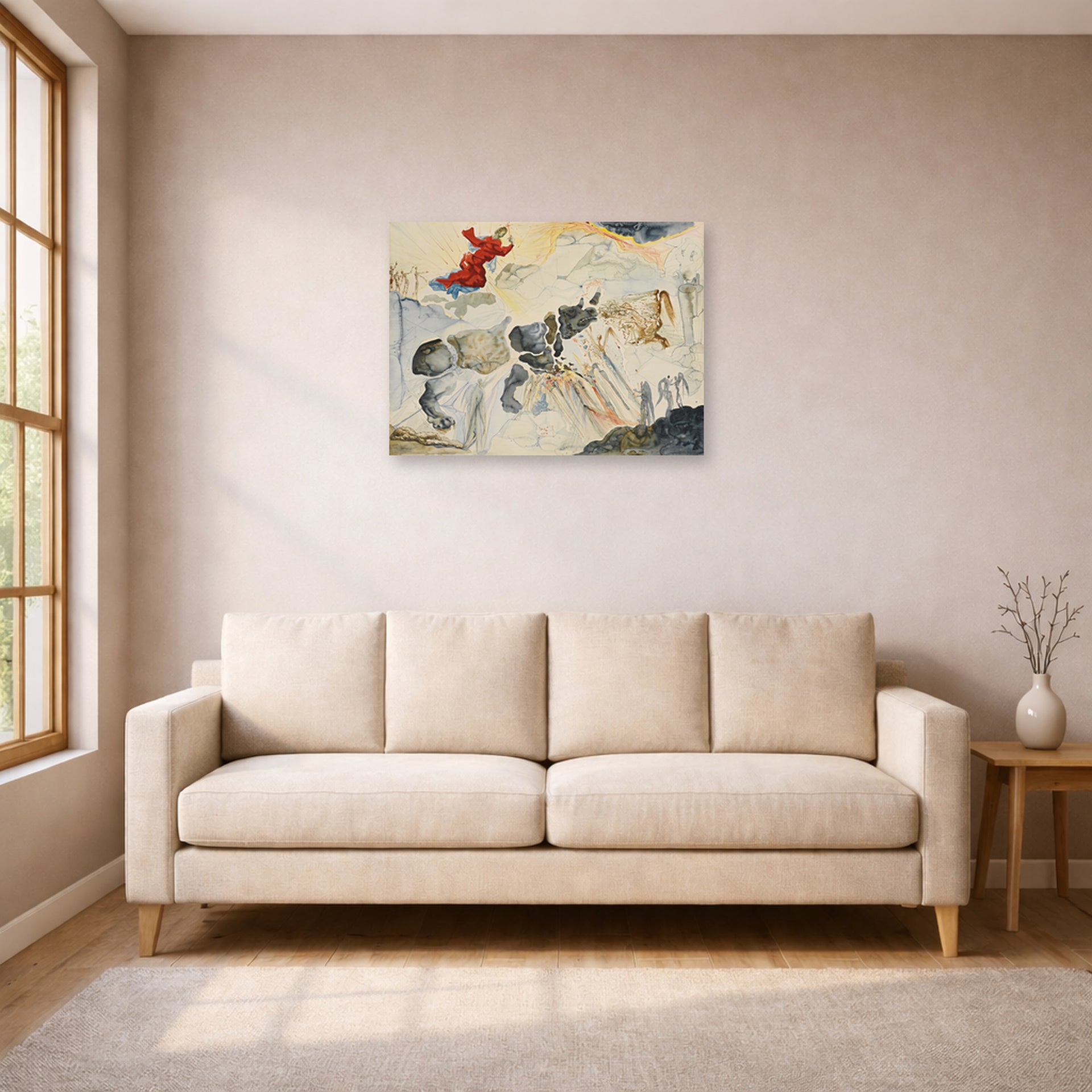 Unframed poster print of Salvador Dali's Rhinoceros En Desintegration displayed on a wall in a living room