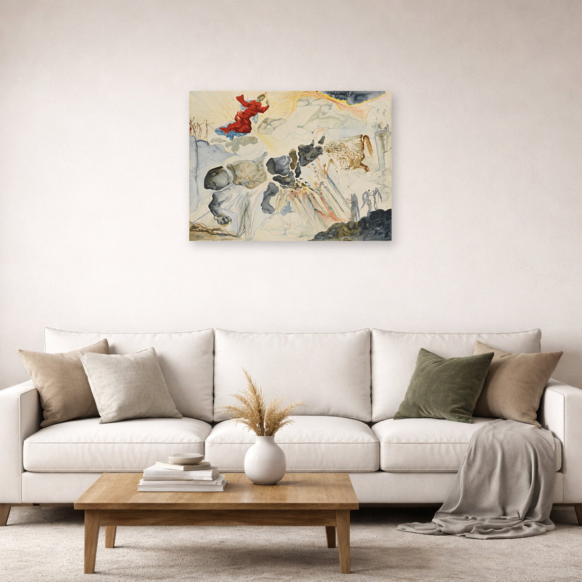 Unframed poster print of Salvador Dali's Rhinoceros En Desintegration displayed on a wall in a living room