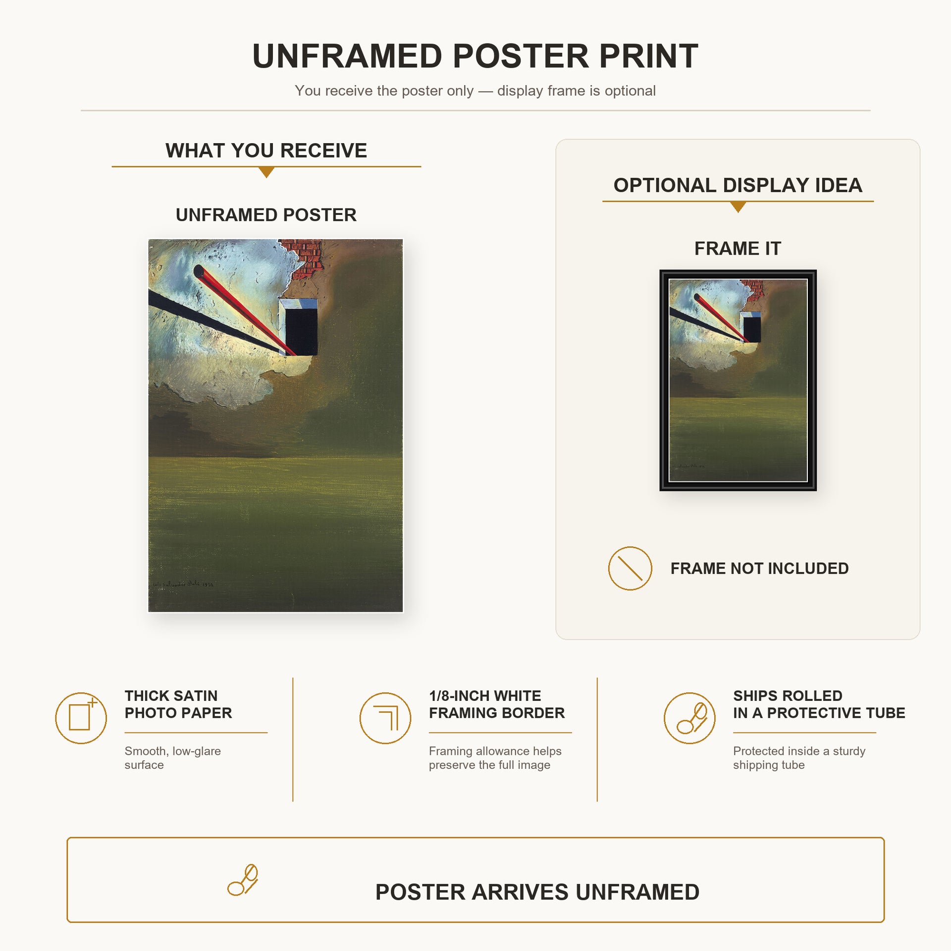 Salvador Dali - Sans Titre poster print size comparison and framing display infographic