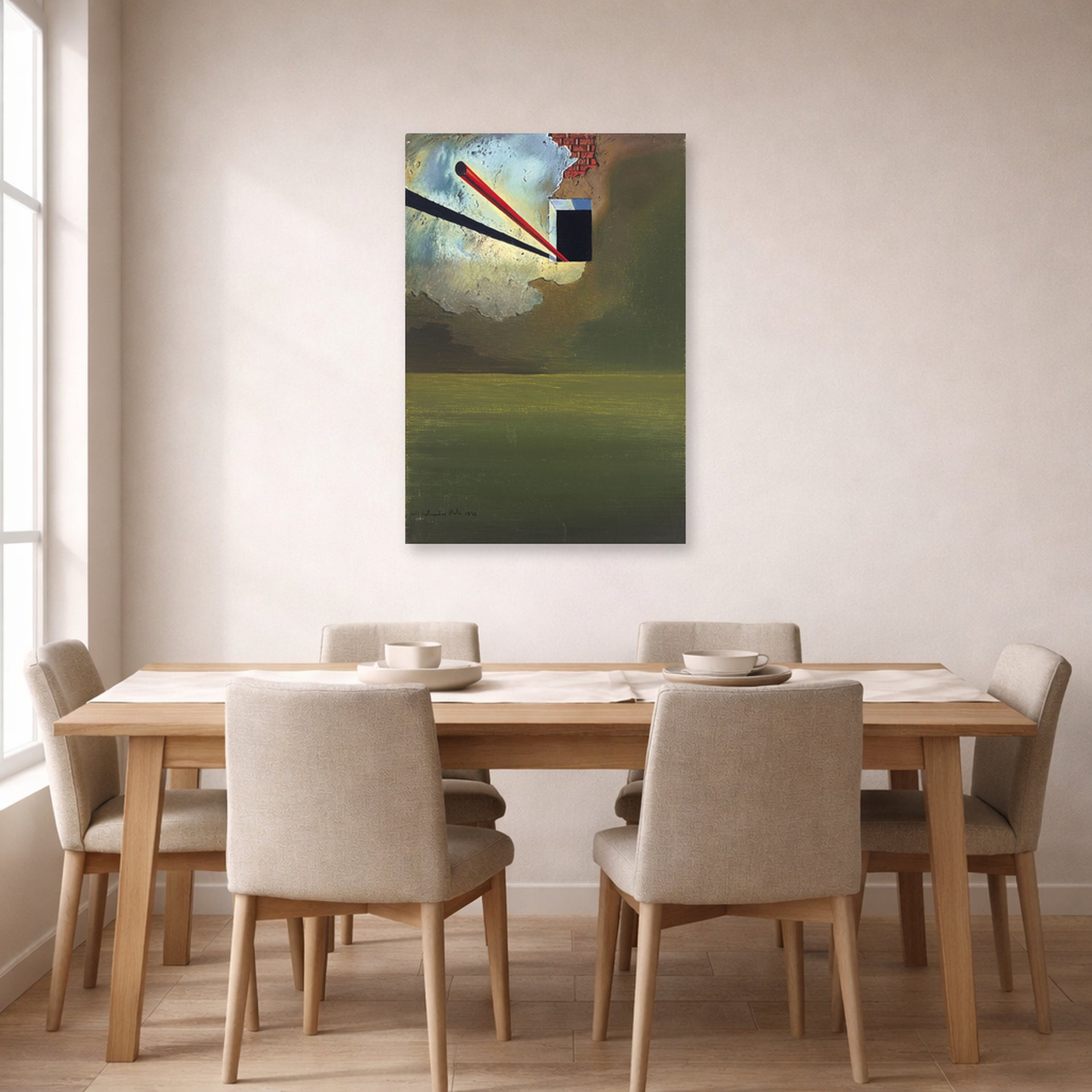 Unframed poster print of Salvador Dali's Sans Titre displayed on a wall in a dining room