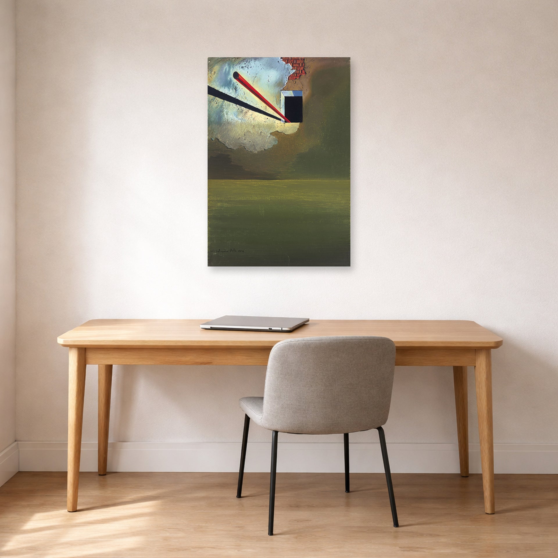 Unframed poster print of Salvador Dali's Sans Titre displayed on a wall in a office