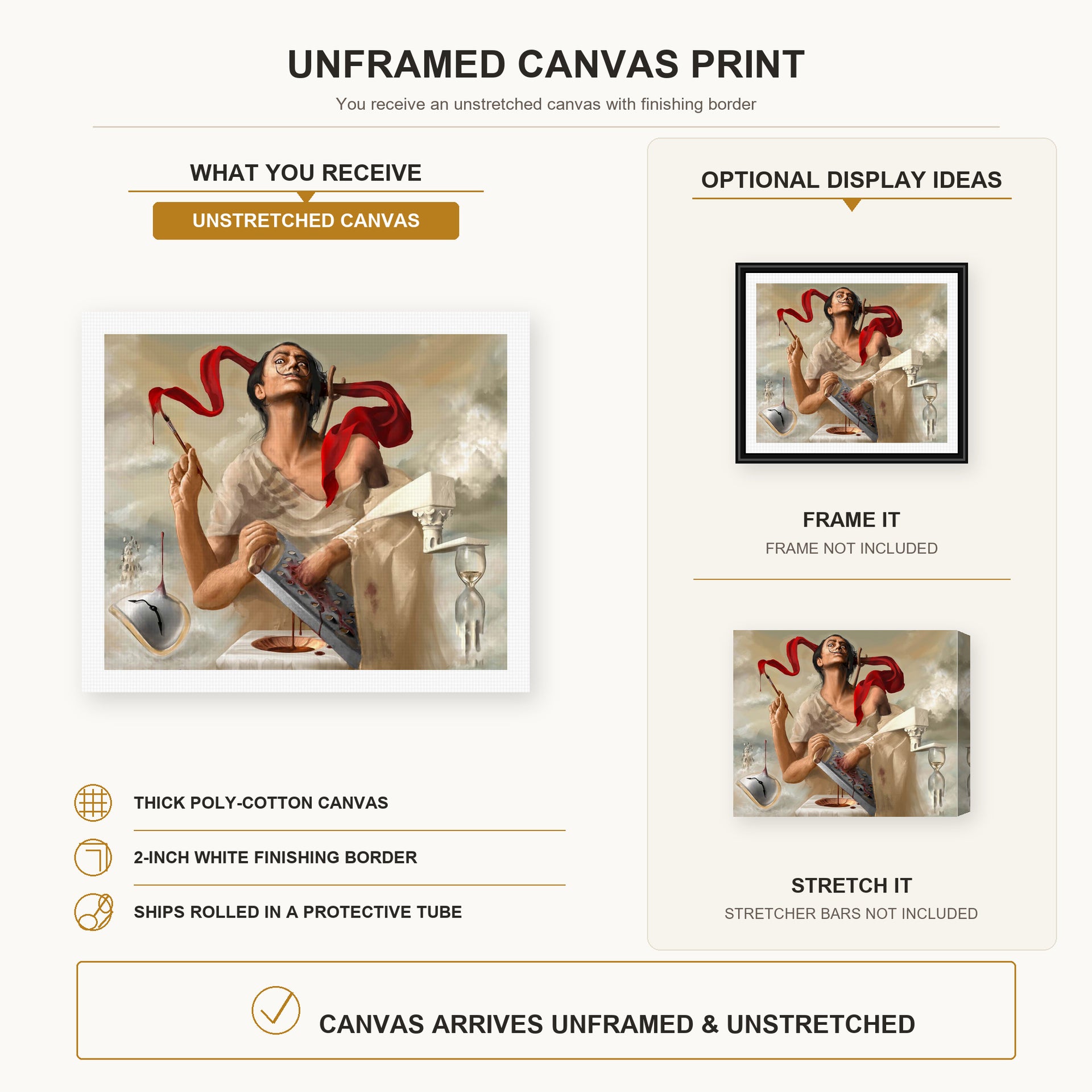 Salvador Dali - Self Portrait canvas print size comparison and framing display infographic