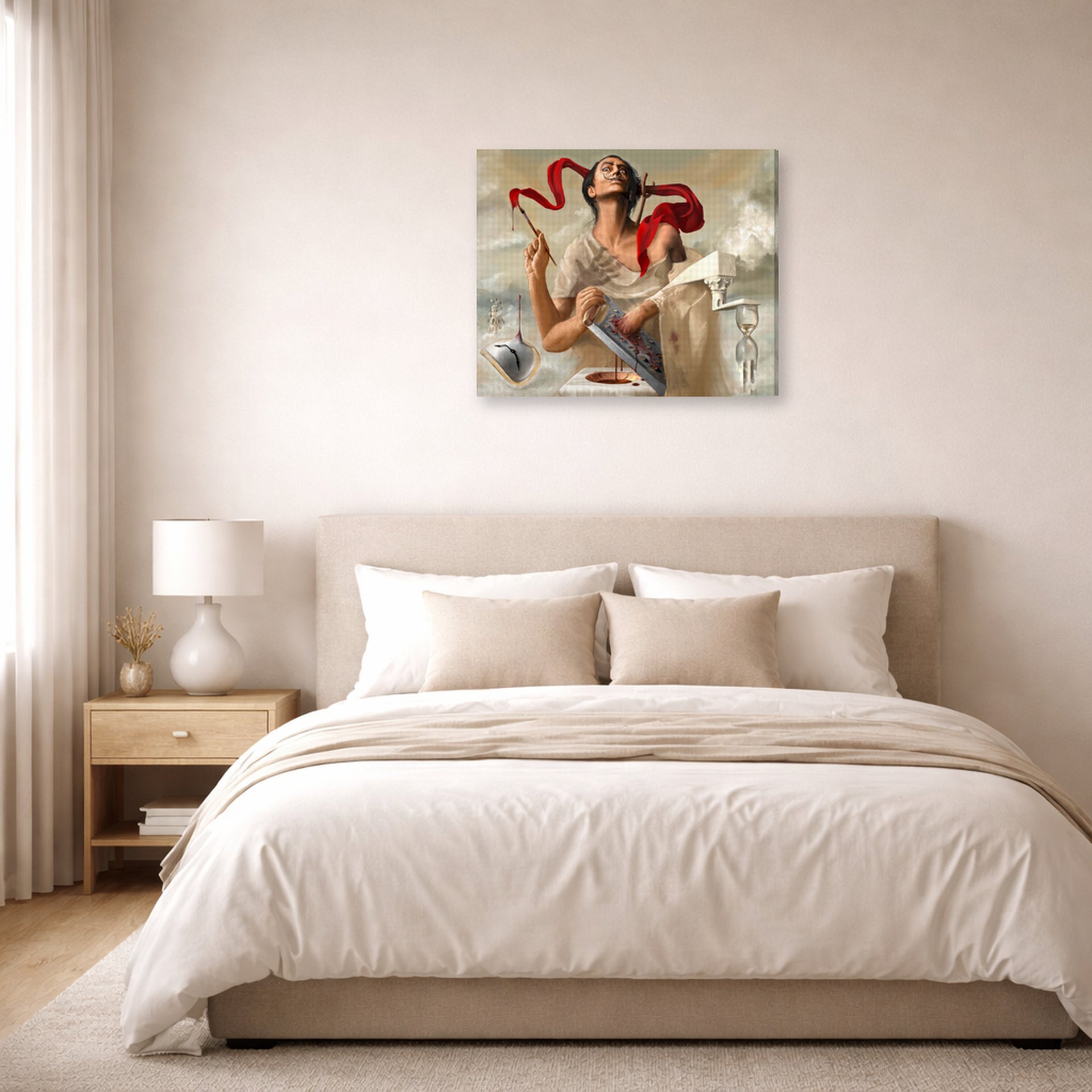Gallery-wrapped canvas print of Salvador Dali's Self Portrait displayed on a wall in a bedroom