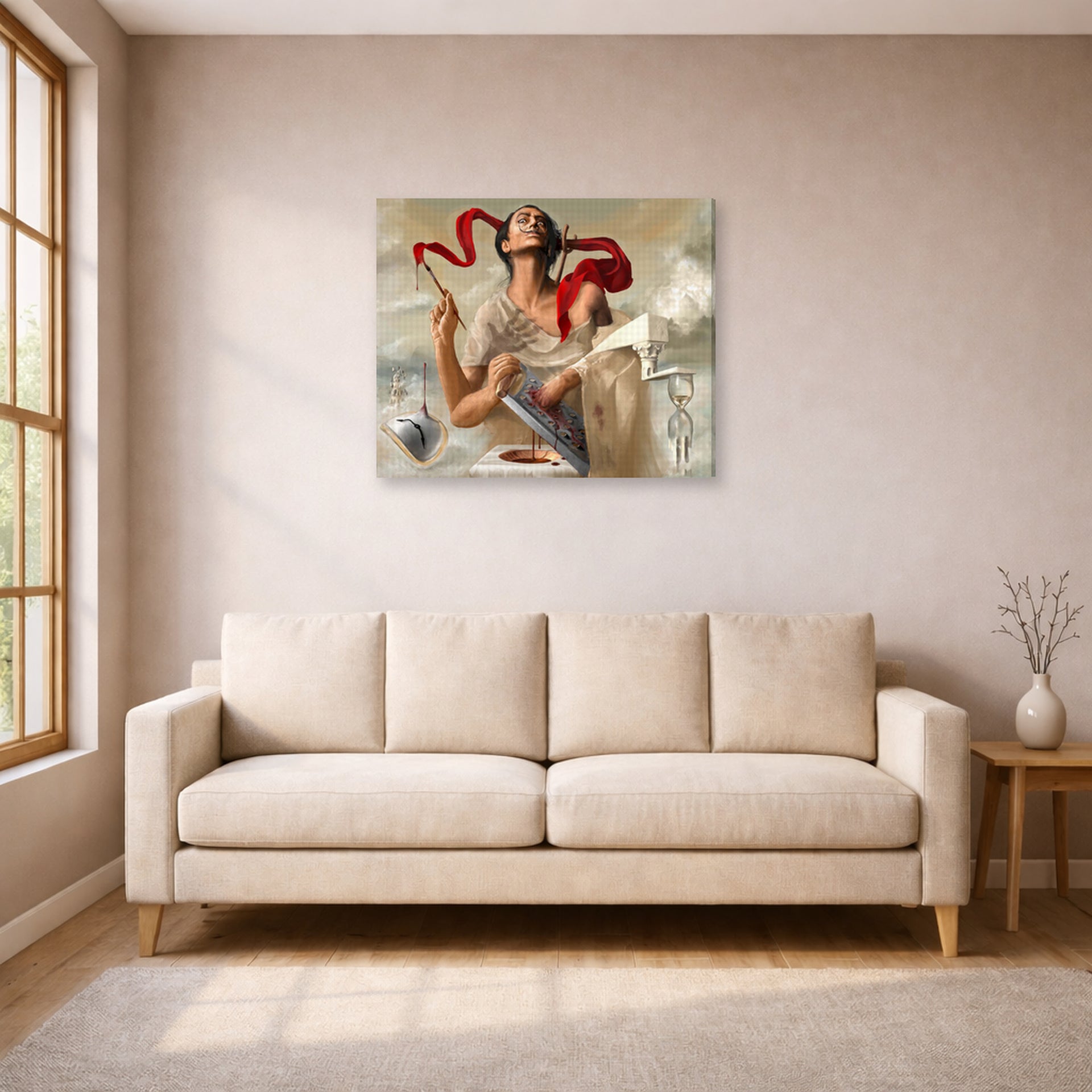 Gallery-wrapped canvas print of Salvador Dali's Self Portrait displayed on a wall in a living room