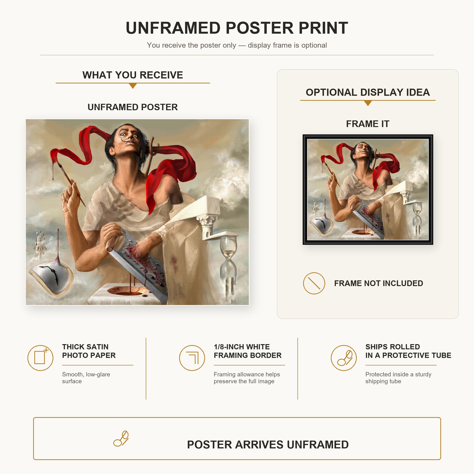 Salvador Dali - Self Portrait poster print size comparison and framing display infographic