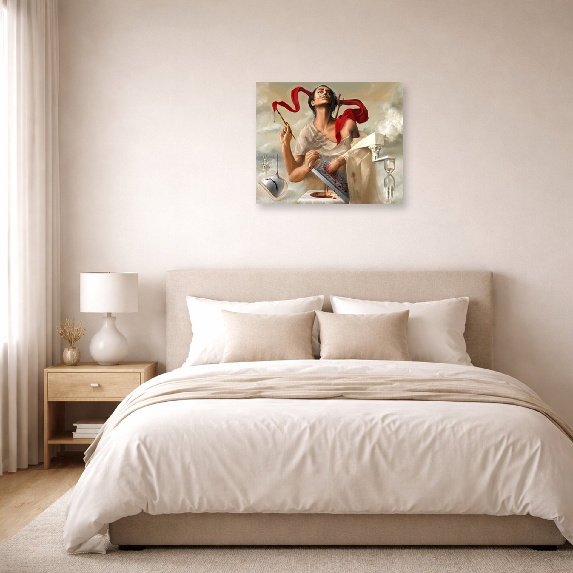 Unframed poster print of Salvador Dali's Self Portrait displayed on a wall in a bedroom