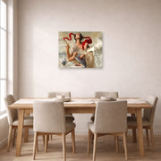 Unframed poster print of Salvador Dali's Self Portrait displayed on a wall in a dining room