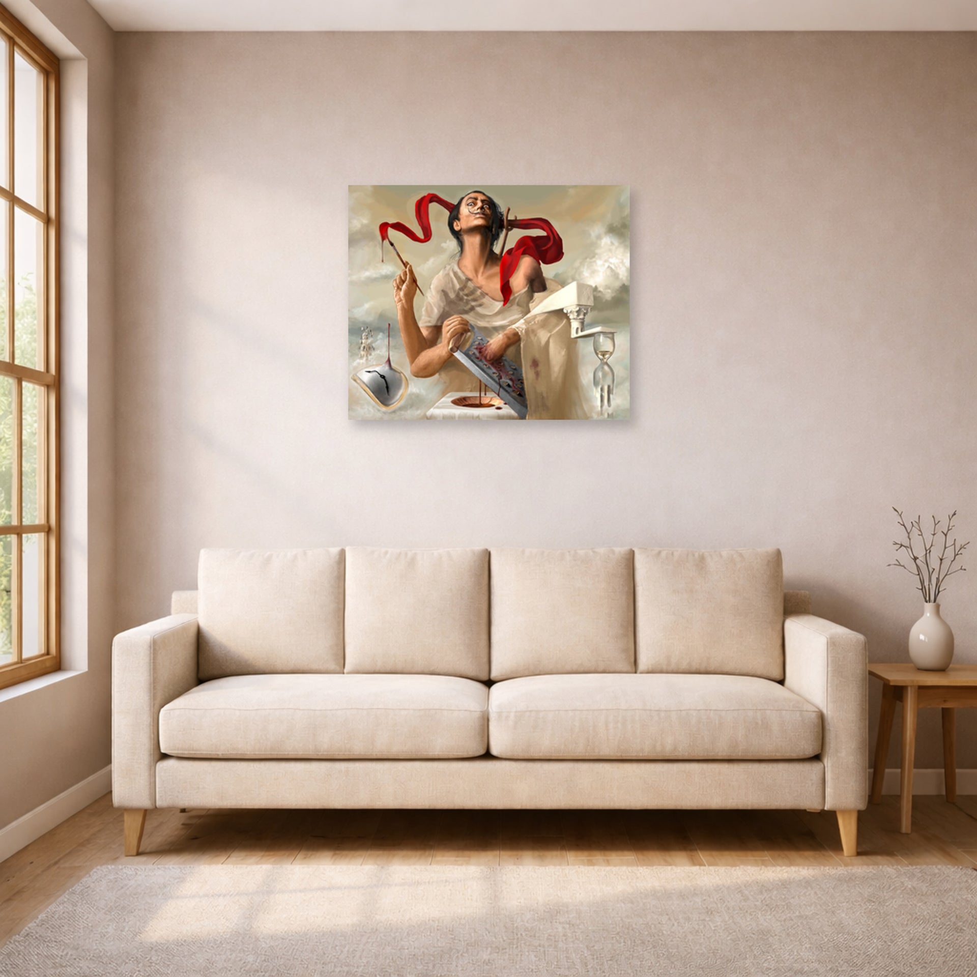 Unframed poster print of Salvador Dali's Self Portrait displayed on a wall in a living room