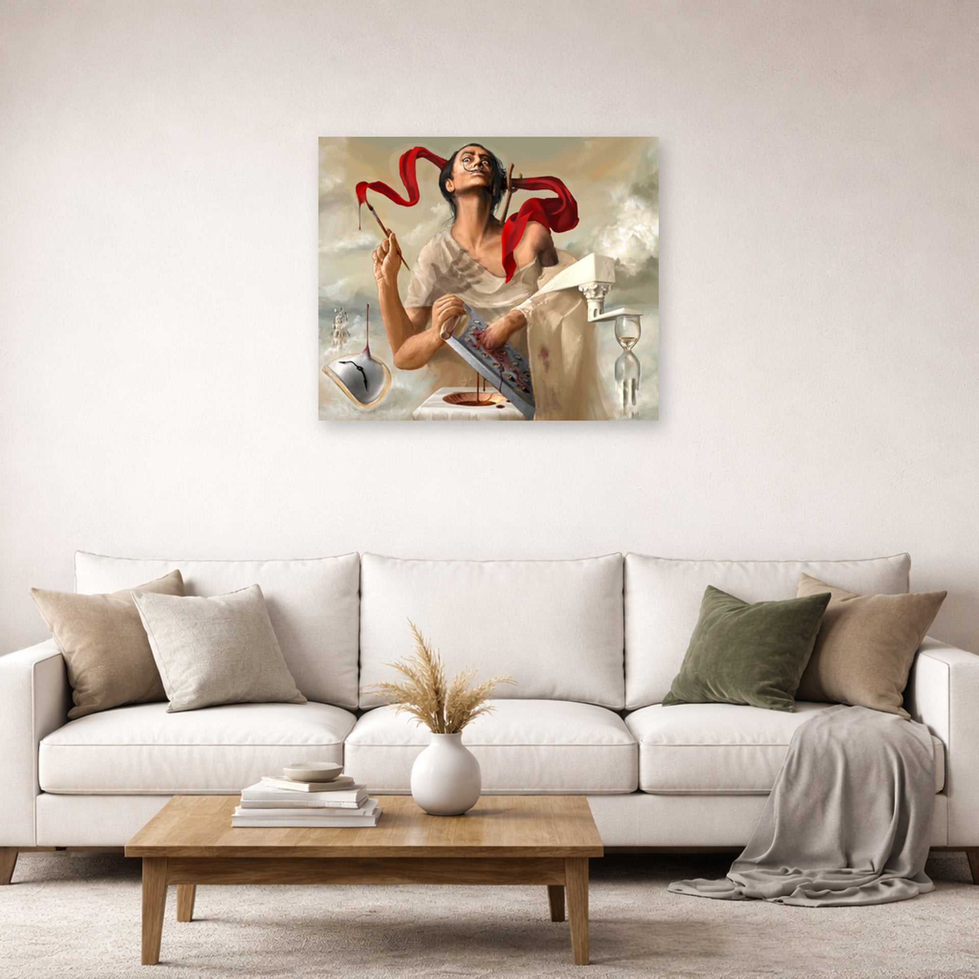 Unframed poster print of Salvador Dali's Self Portrait displayed on a wall in a living room