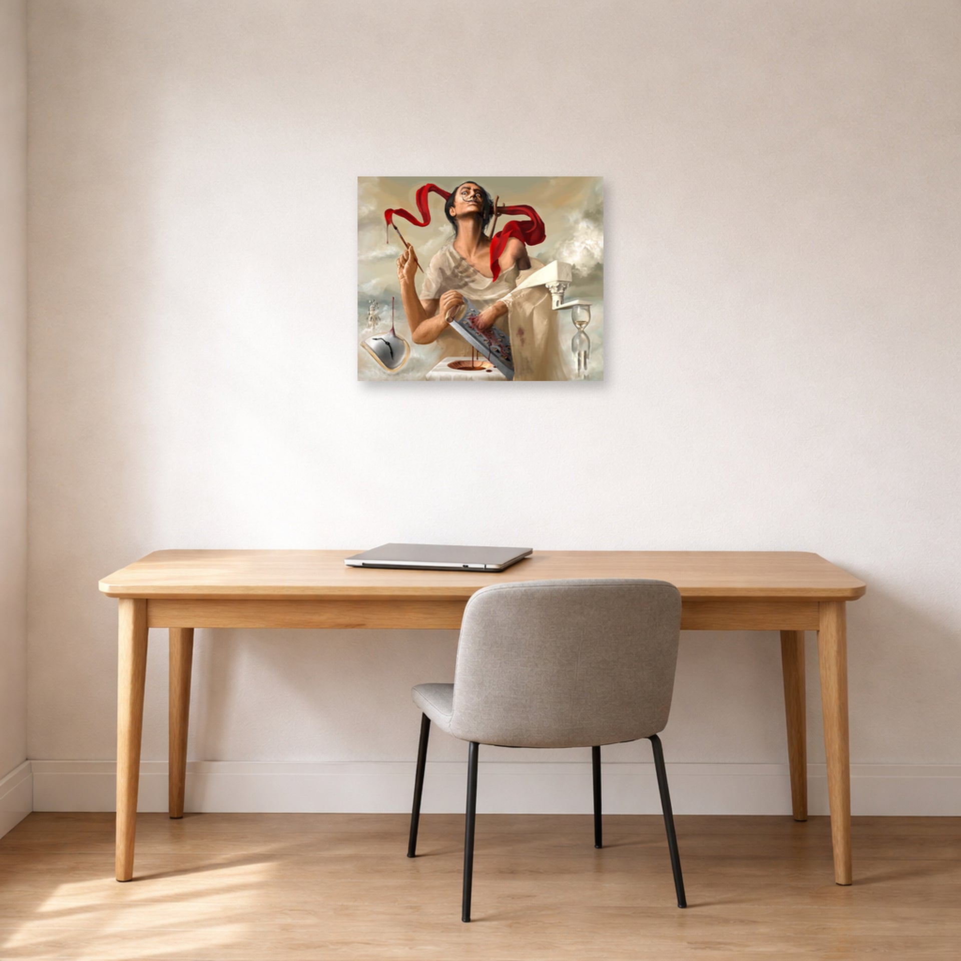 Unframed poster print of Salvador Dali's Self Portrait displayed on a wall in a office