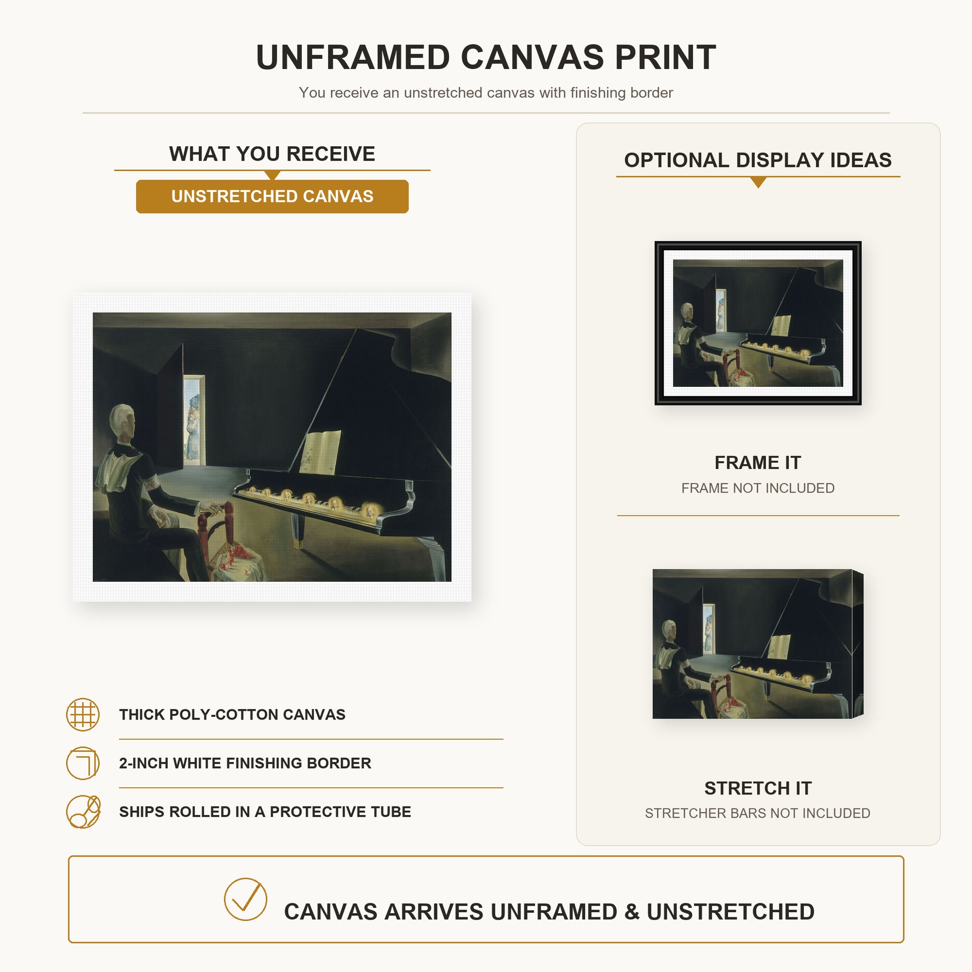 Salvador Dali - Six Images of Lenin on a Piano canvas print size comparison and framing display infographic