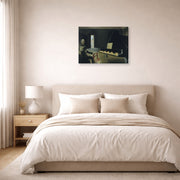 Gallery-wrapped canvas print of Salvador Dali's Six Images of Lenin on a Piano displayed on a wall in a bedroom