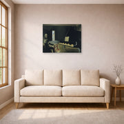 Gallery-wrapped canvas print of Salvador Dali's Six Images of Lenin on a Piano displayed on a wall in a living room