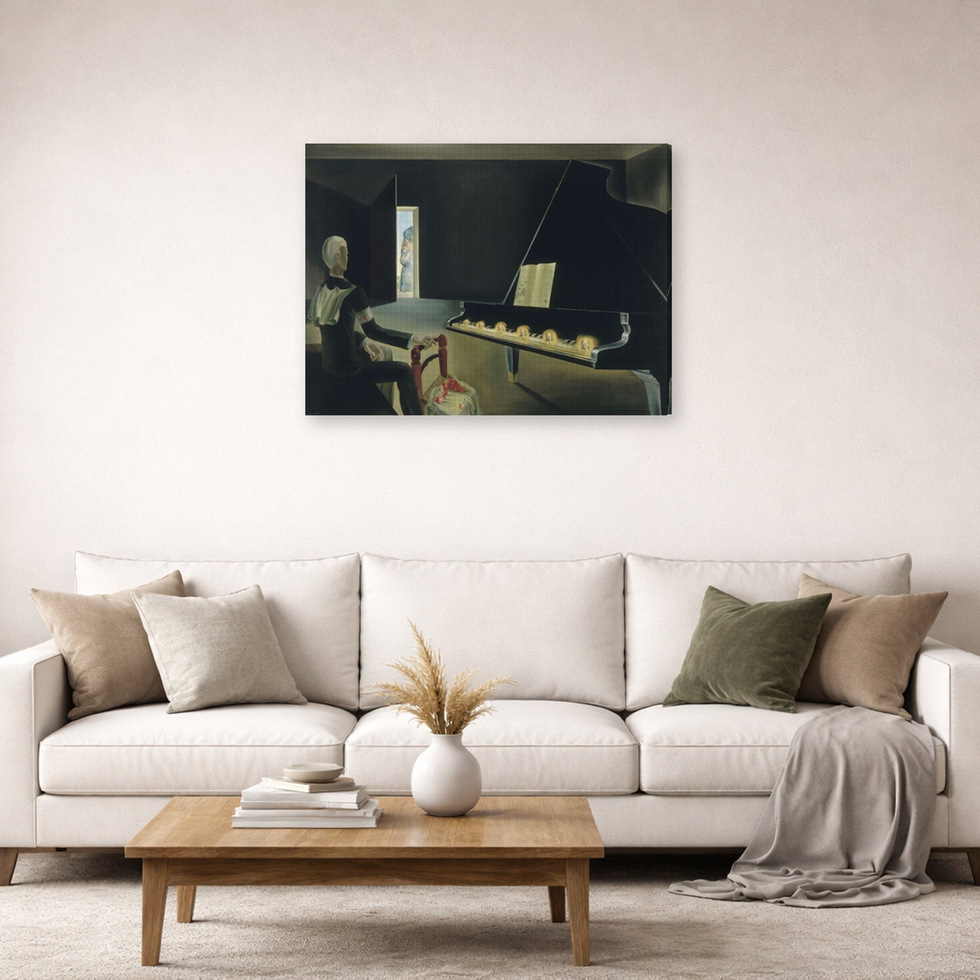 Gallery-wrapped canvas print of Salvador Dali's Six Images of Lenin on a Piano displayed on a wall in a living room