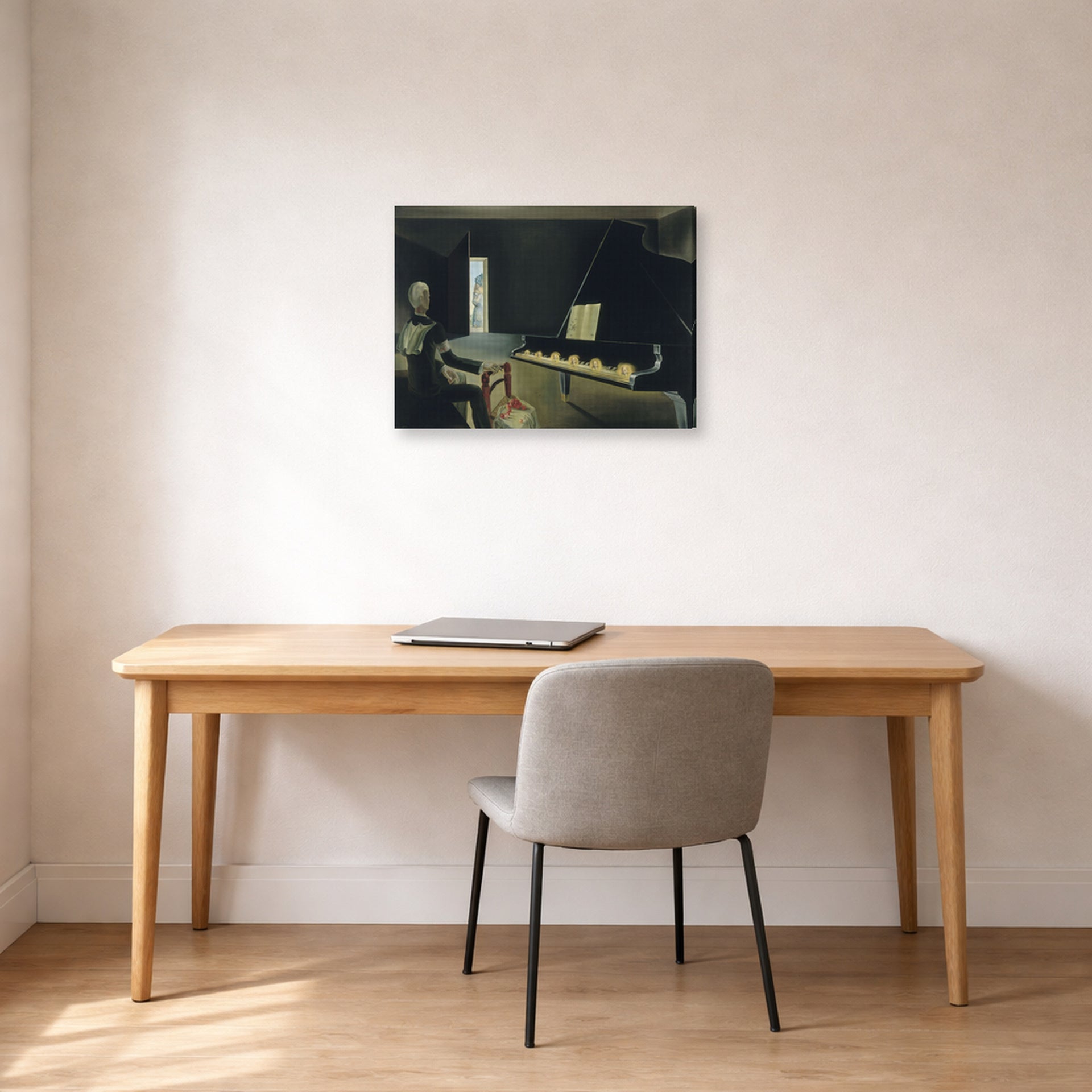 Gallery-wrapped canvas print of Salvador Dali's Six Images of Lenin on a Piano displayed on a wall in a office