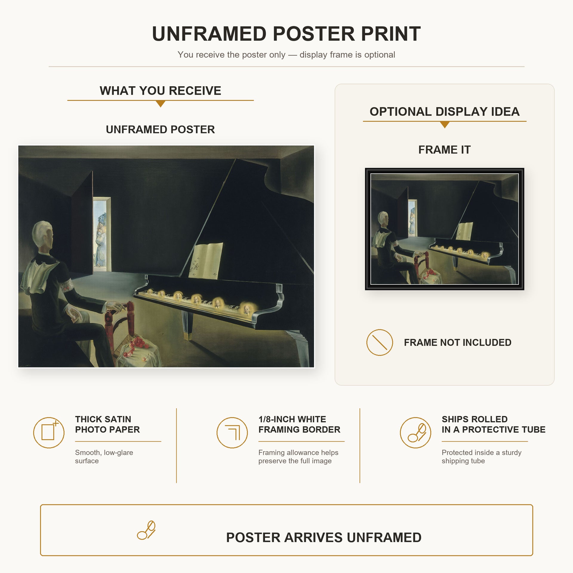 Salvador Dali - Six Images of Lenin on a Piano poster print size comparison and framing display infographic