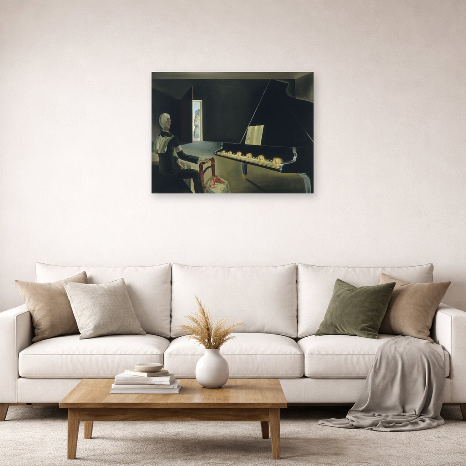 Unframed poster print of Salvador Dali's Six Images of Lenin on a Piano displayed on a wall in a living room