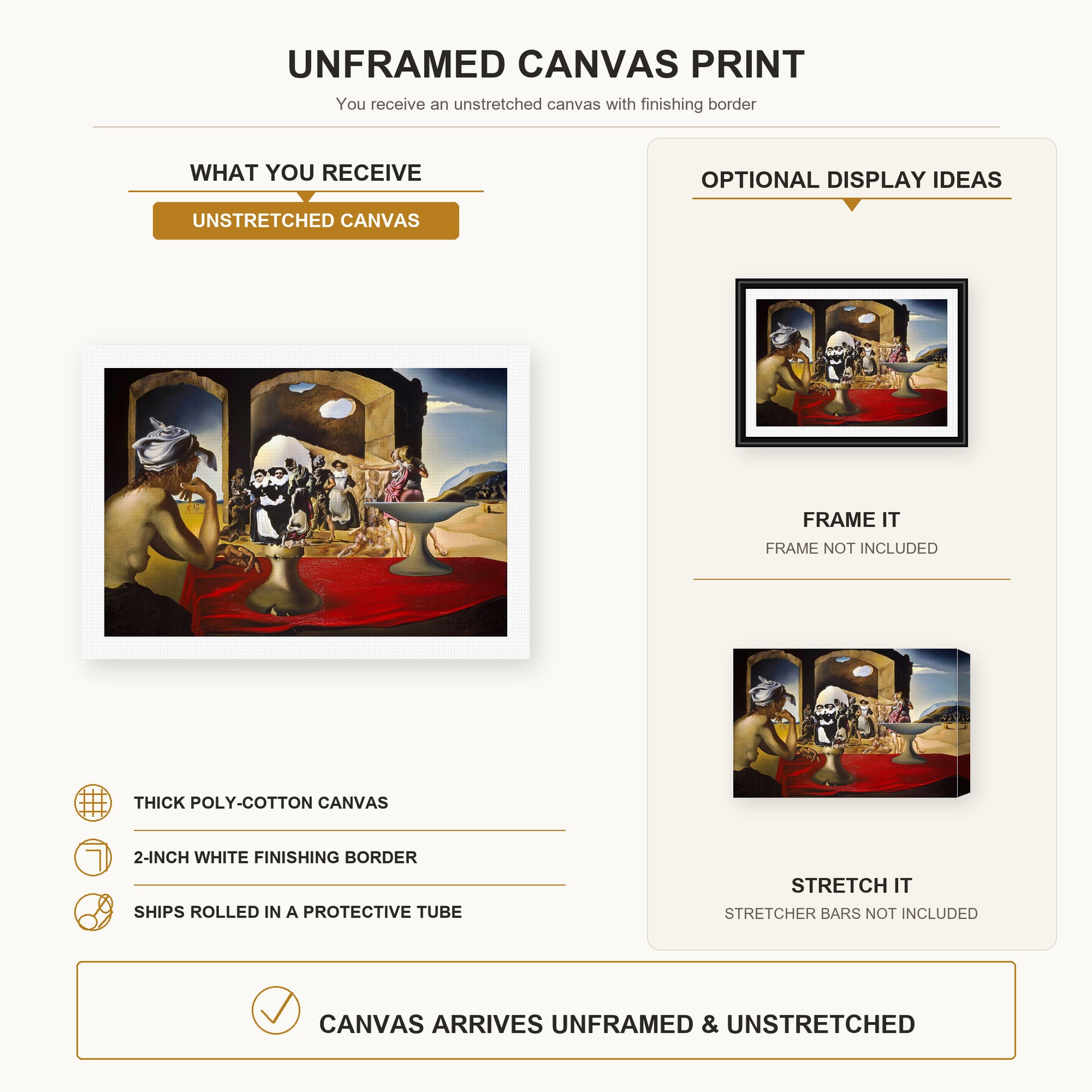 Salvador Dali - Slave Market with the Disappearing Bust of Voltaire canvas print size comparison and framing display infographic