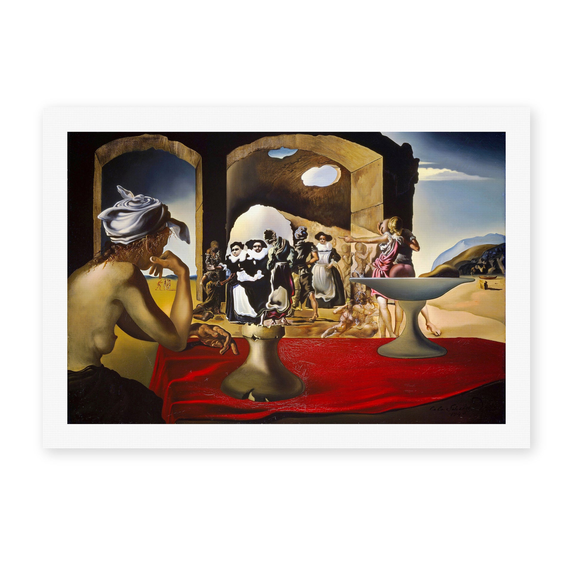 Salvador Dali's 'Slave Market with the Disappearing Bust of Voltaire' painting reproduced as a rolled canvas print