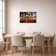 Gallery-wrapped canvas print of Salvador Dali's Slave Market with the Disappearing Bust of Voltaire displayed on a wall in a dining room