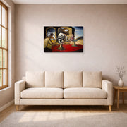Gallery-wrapped canvas print of Salvador Dali's Slave Market with the Disappearing Bust of Voltaire displayed on a wall in a living room