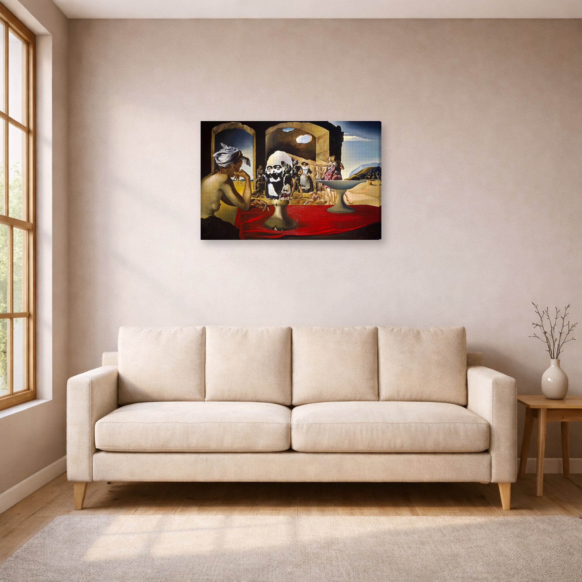 Gallery-wrapped canvas print of Salvador Dali's Slave Market with the Disappearing Bust of Voltaire displayed on a wall in a living room