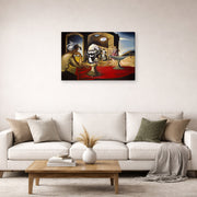 Gallery-wrapped canvas print of Salvador Dali's Slave Market with the Disappearing Bust of Voltaire displayed on a wall in a living room