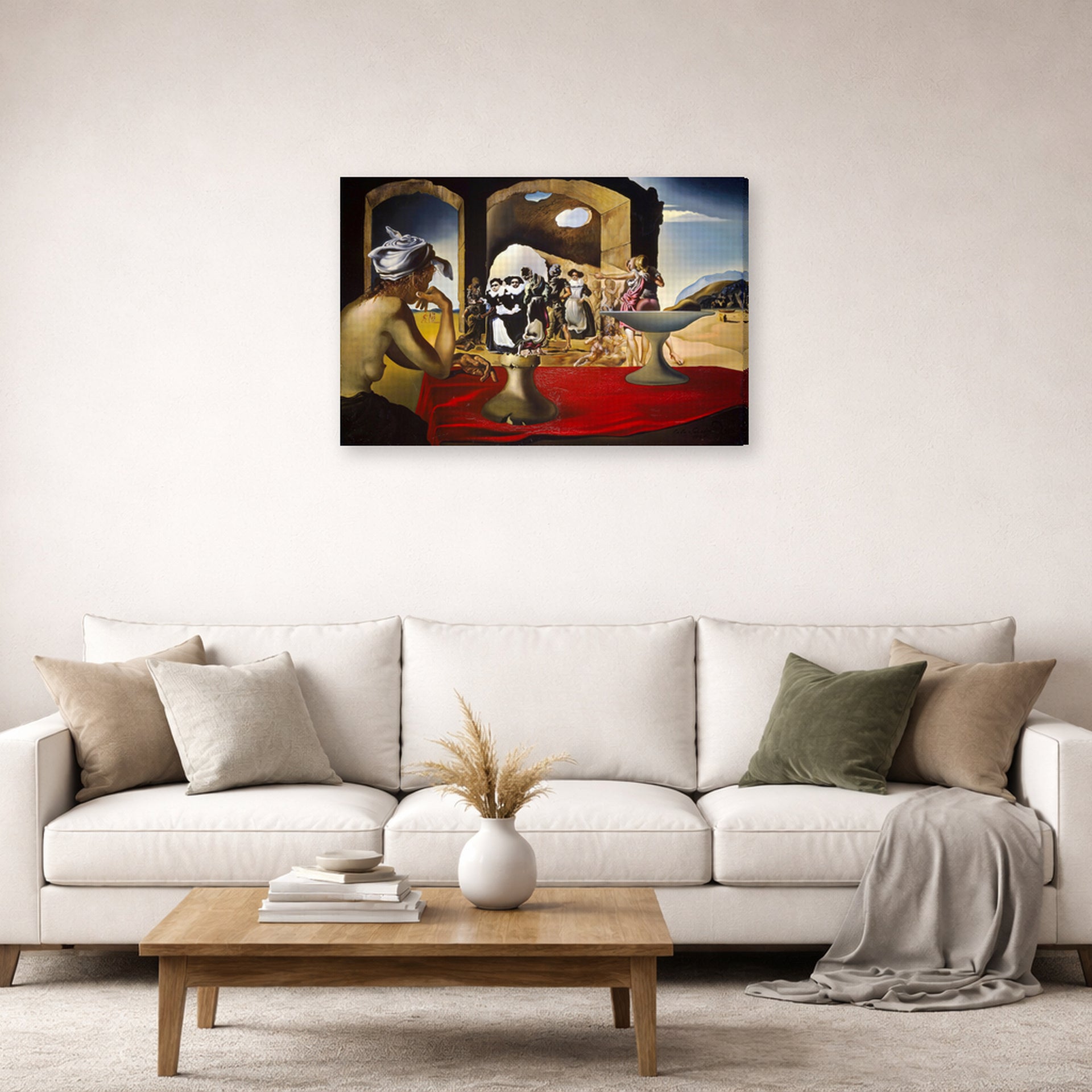 Gallery-wrapped canvas print of Salvador Dali's Slave Market with the Disappearing Bust of Voltaire displayed on a wall in a living room