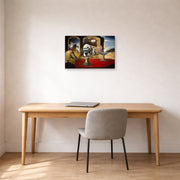 Gallery-wrapped canvas print of Salvador Dali's Slave Market with the Disappearing Bust of Voltaire displayed on a wall in a office