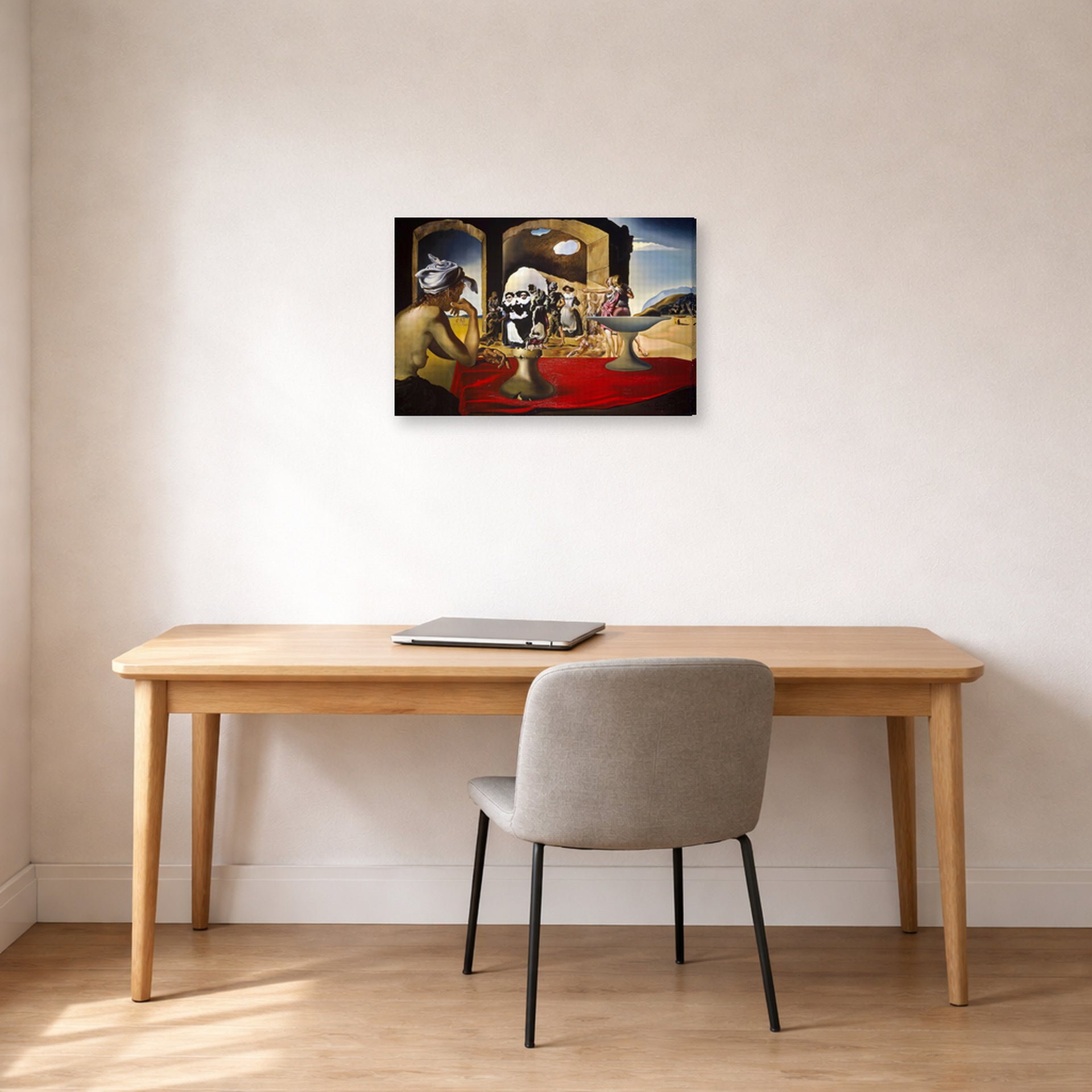 Gallery-wrapped canvas print of Salvador Dali's Slave Market with the Disappearing Bust of Voltaire displayed on a wall in a office