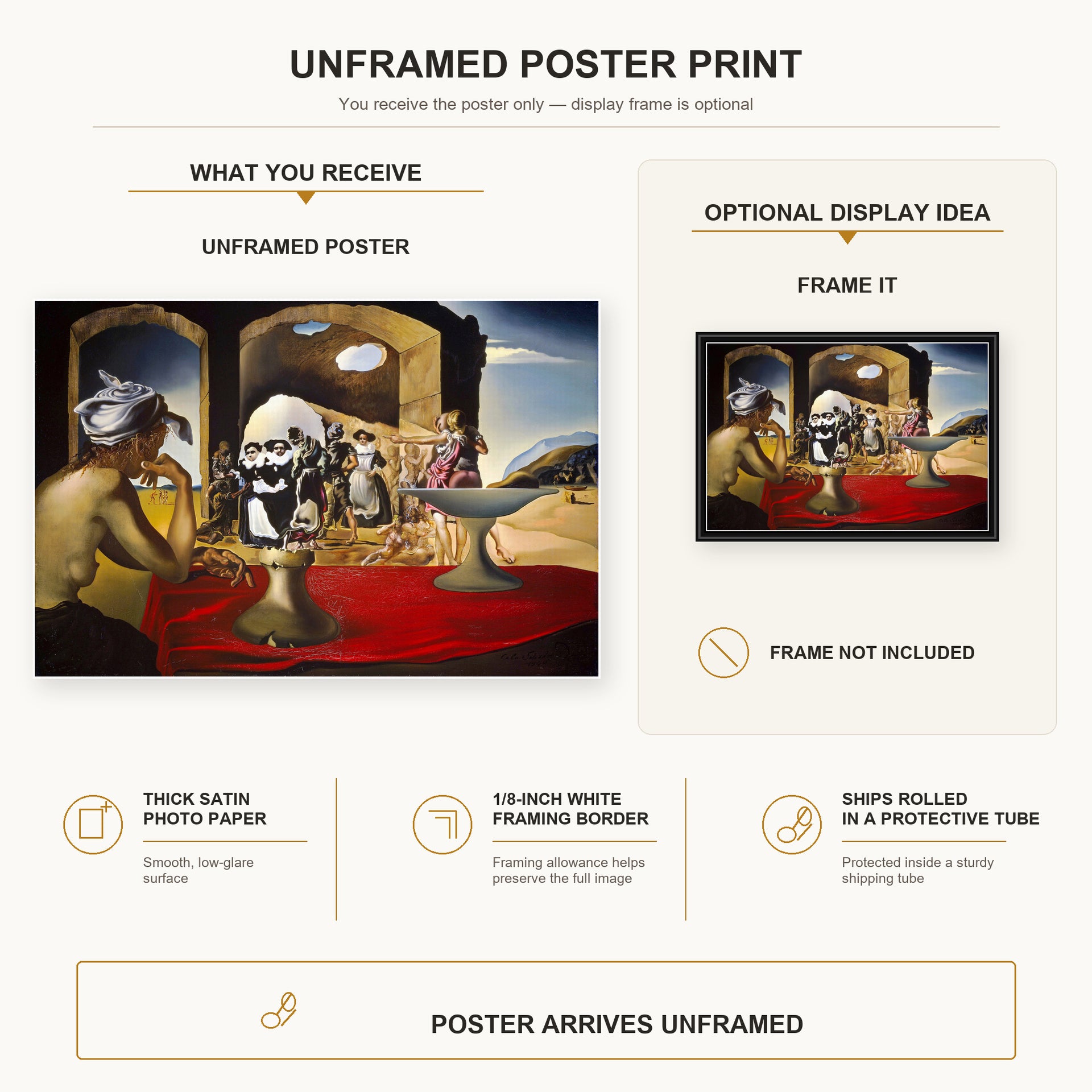 Salvador Dali - Slave Market with the Disappearing Bust of Voltaire poster print size comparison and framing display infographic