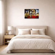Unframed poster print of Salvador Dali's Slave Market with the Disappearing Bust of Voltaire displayed on a wall in a bedroom